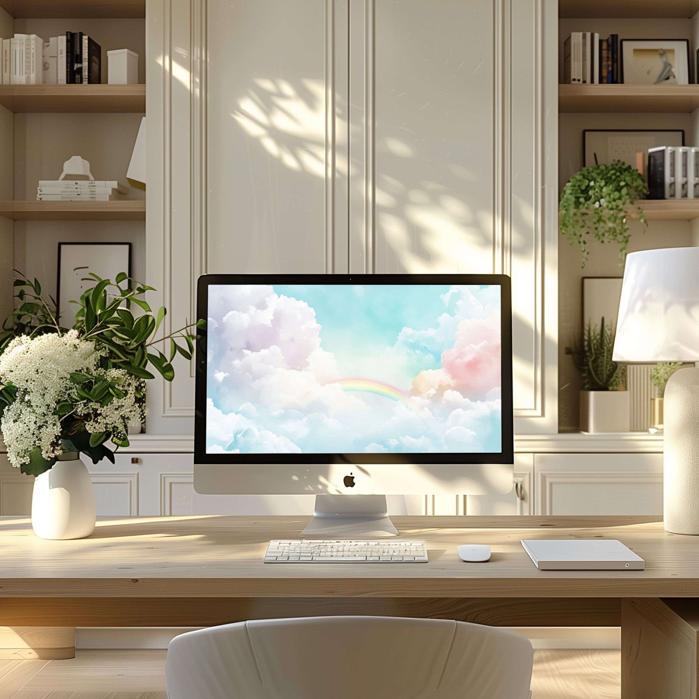 Elegant pastel clouds and a rainbow create a calming wallpaper for computer in a modern home office suitable for PC and Laptop