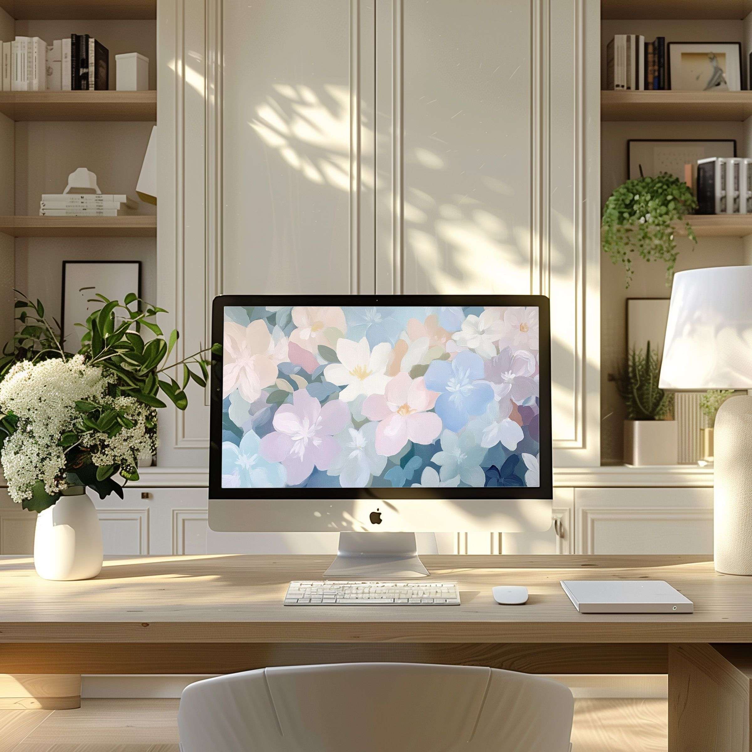 Elegant floral wallpaper for computer enhances PC and laptop setups with a peaceful aesthetic, ideal for modern home offices