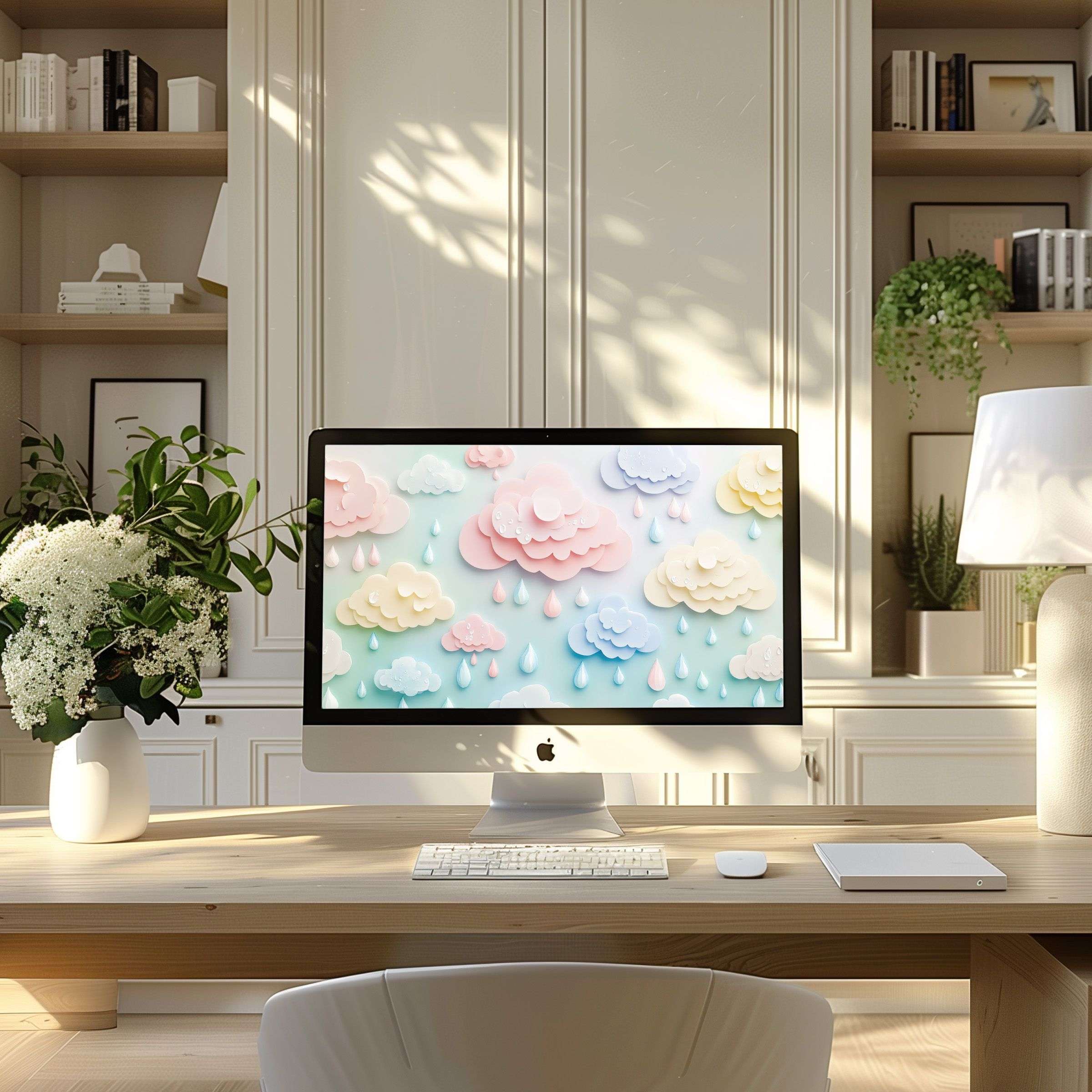 Elegant pastel cloud motif wallpaper for computer creates calm feelings in modern PC or laptop home office setting