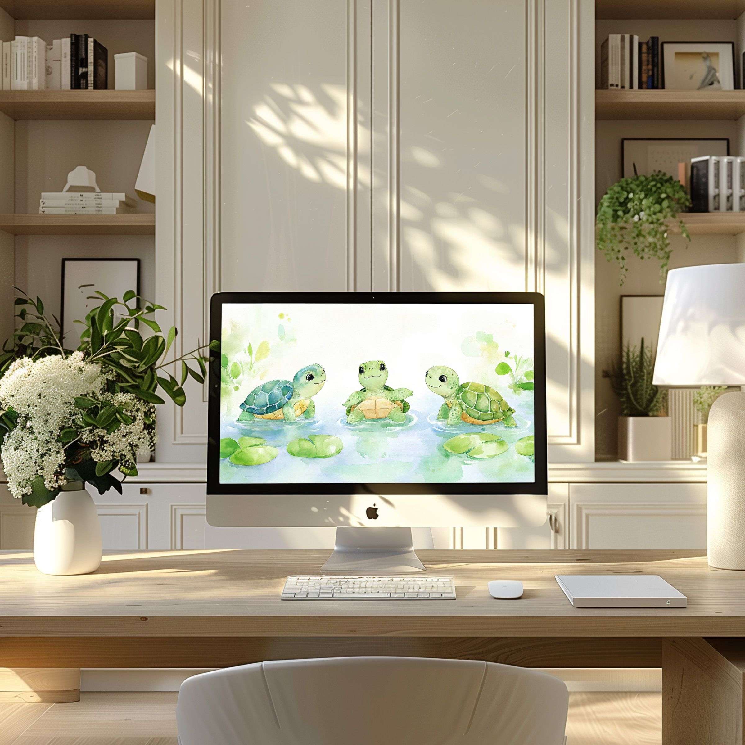 Elegant watercolor turtles create a serene wallpaper for computer, enhancing any PC or laptop with calm inspiration and beauty