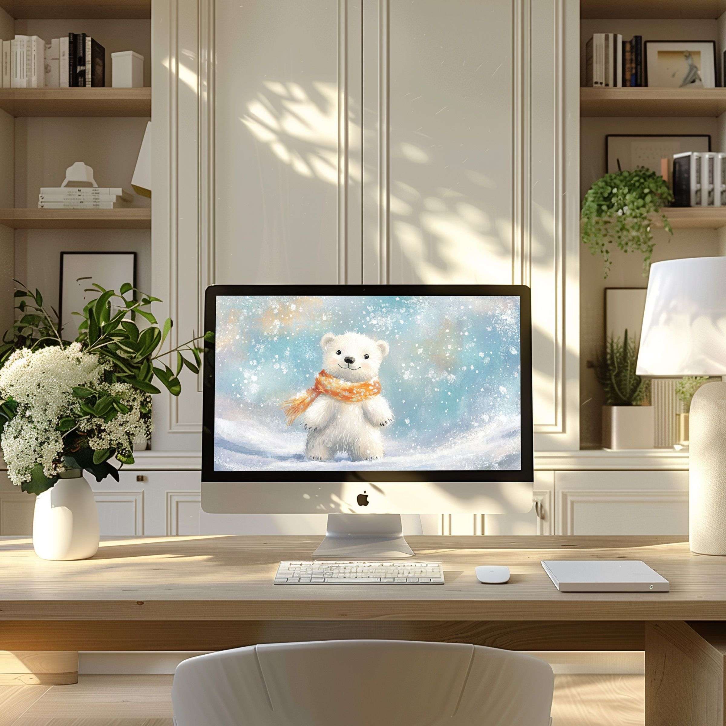 Delight in serene elegance with a polar bear digital art wallpaper for computer and laptop, enhancing modern PC home office tranquility