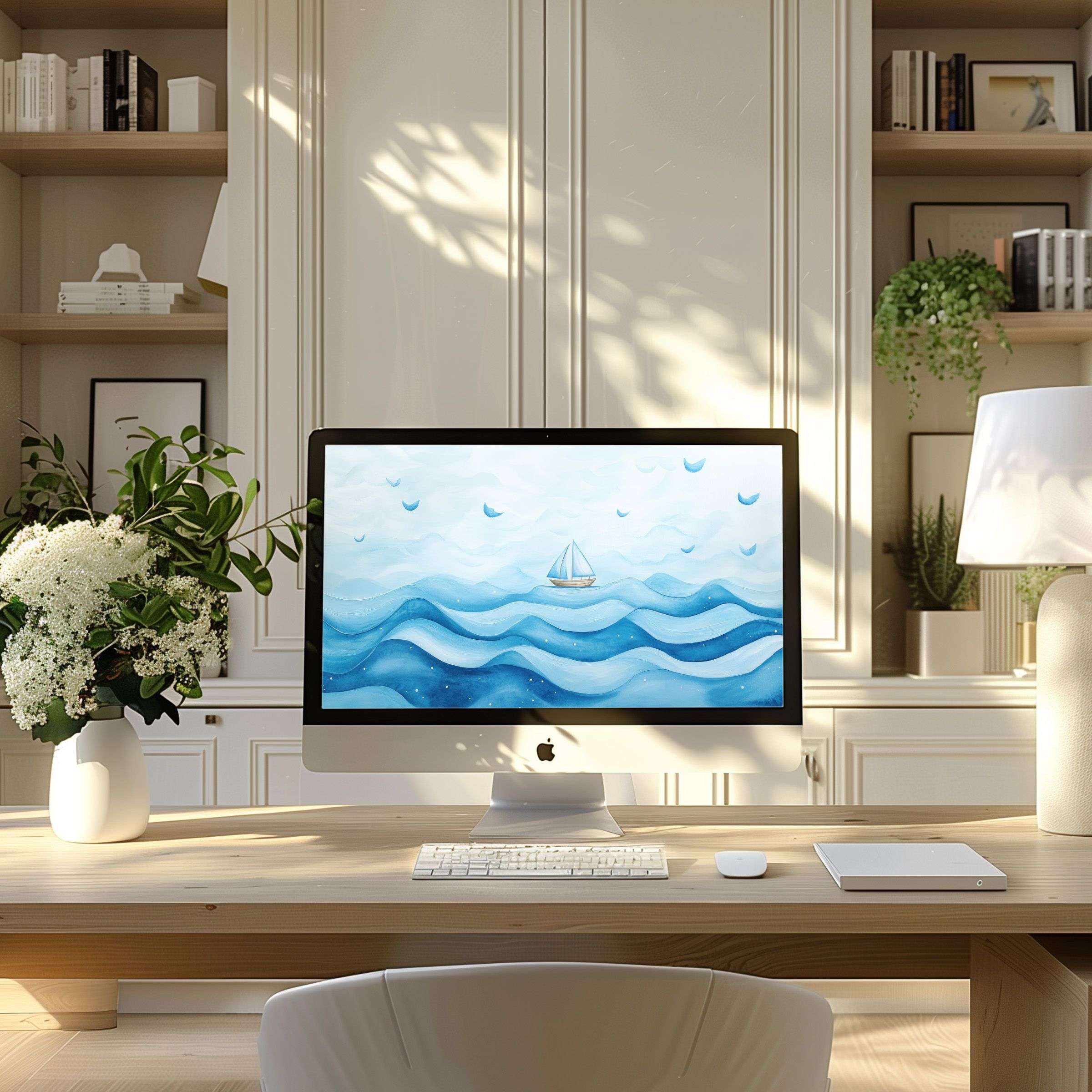 Elegant computer wallpaper with soft blue waves inspires calm and fits PC, Laptop displays in a modern home office setting