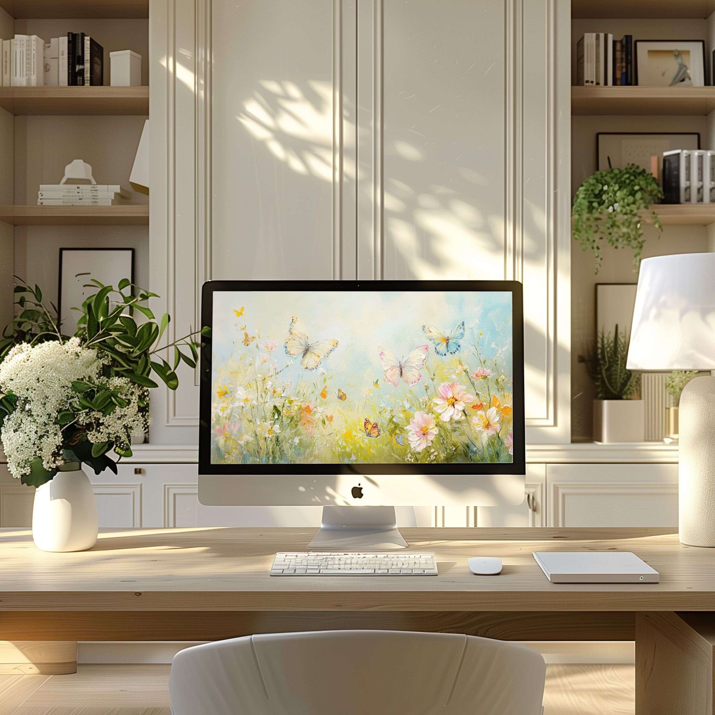 Tranquil butterfly meadow wallpaper for computer creates elegance and inspiration in modern home office, perfect for PC or laptop use