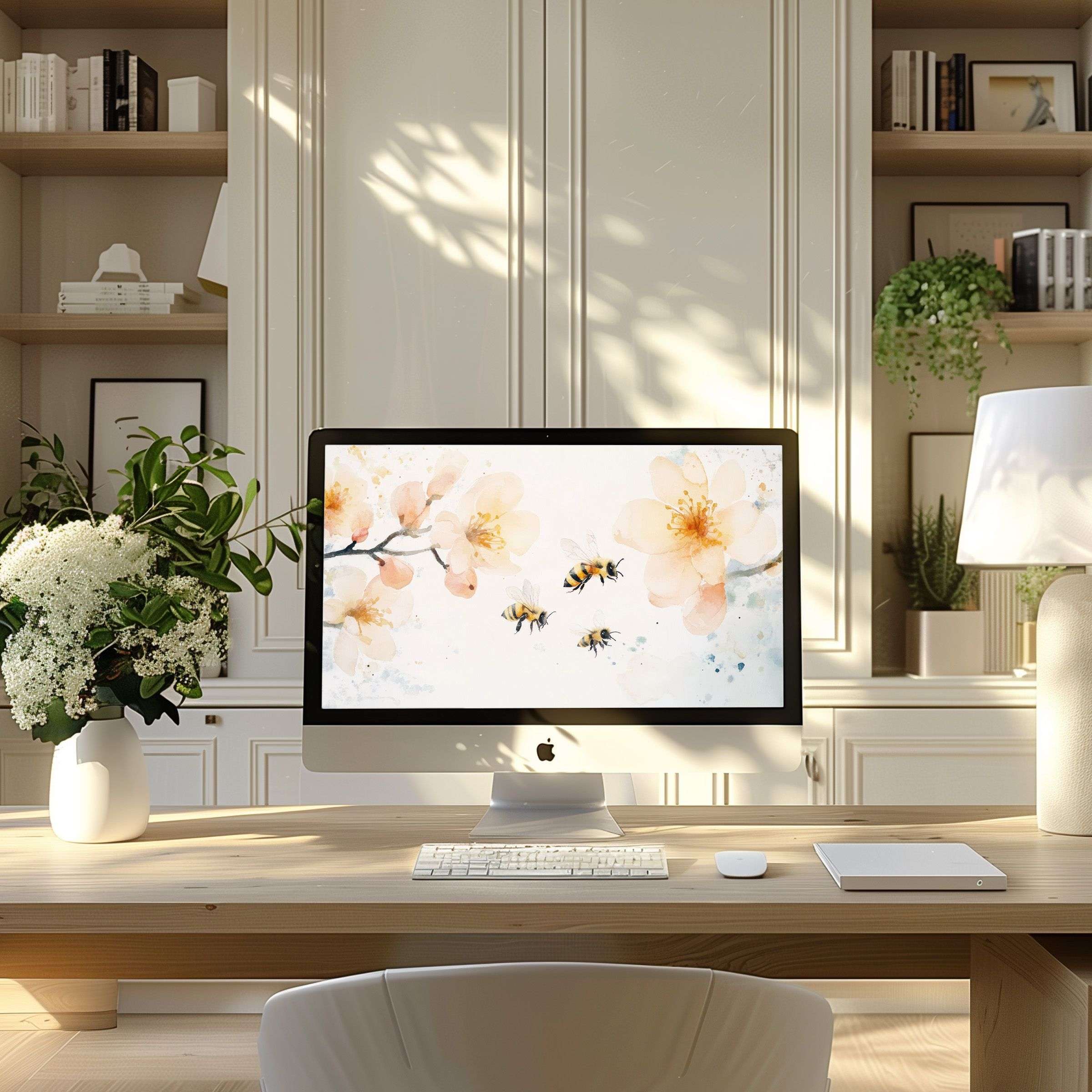 Elegant floral and bee watercolor wallpaper for computer enhances PC and laptop style, inspiring calm in a modern home office setup