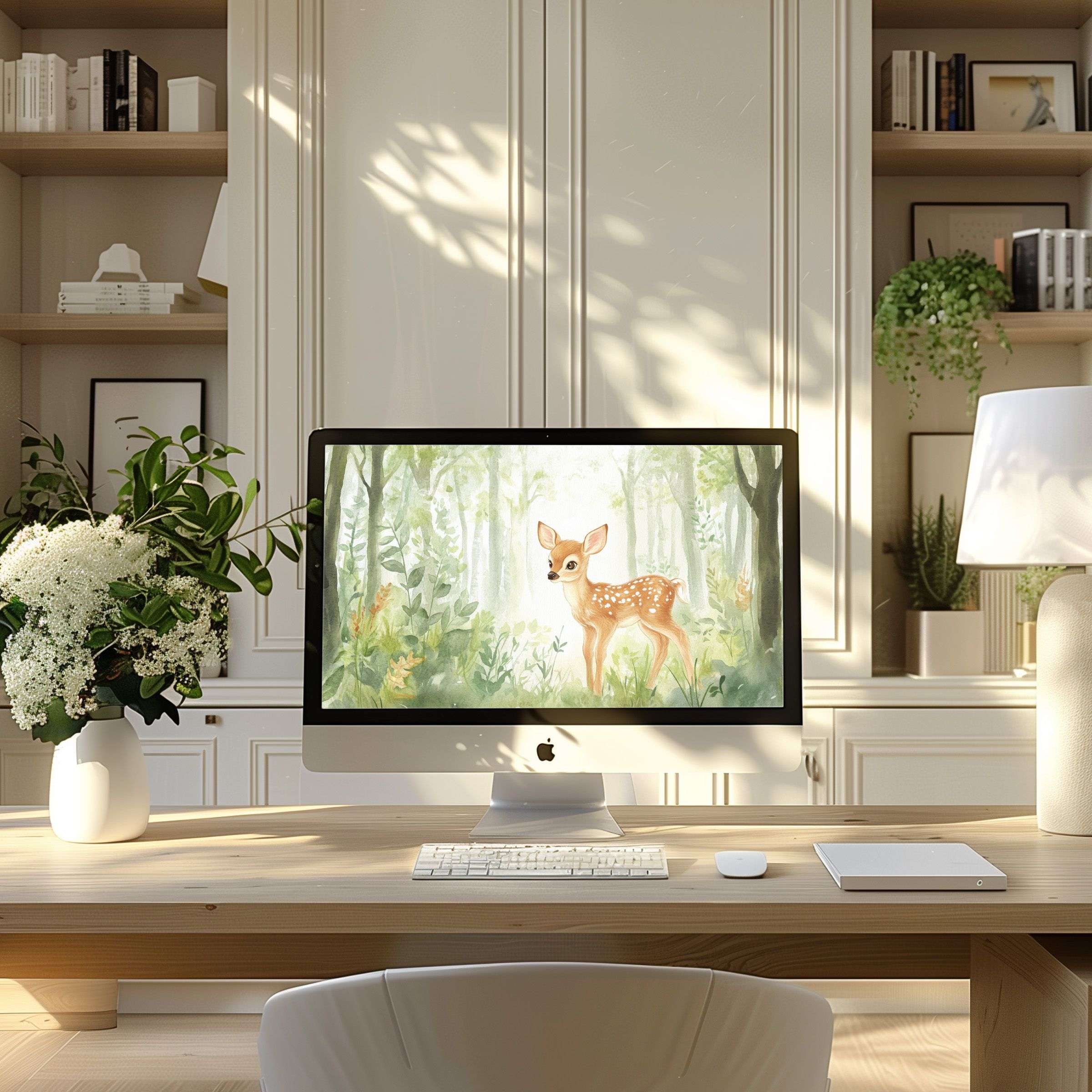 Elegant forest-themed wallpaper for computer inspires calm in modern home office perfect for PC laptop digital download
