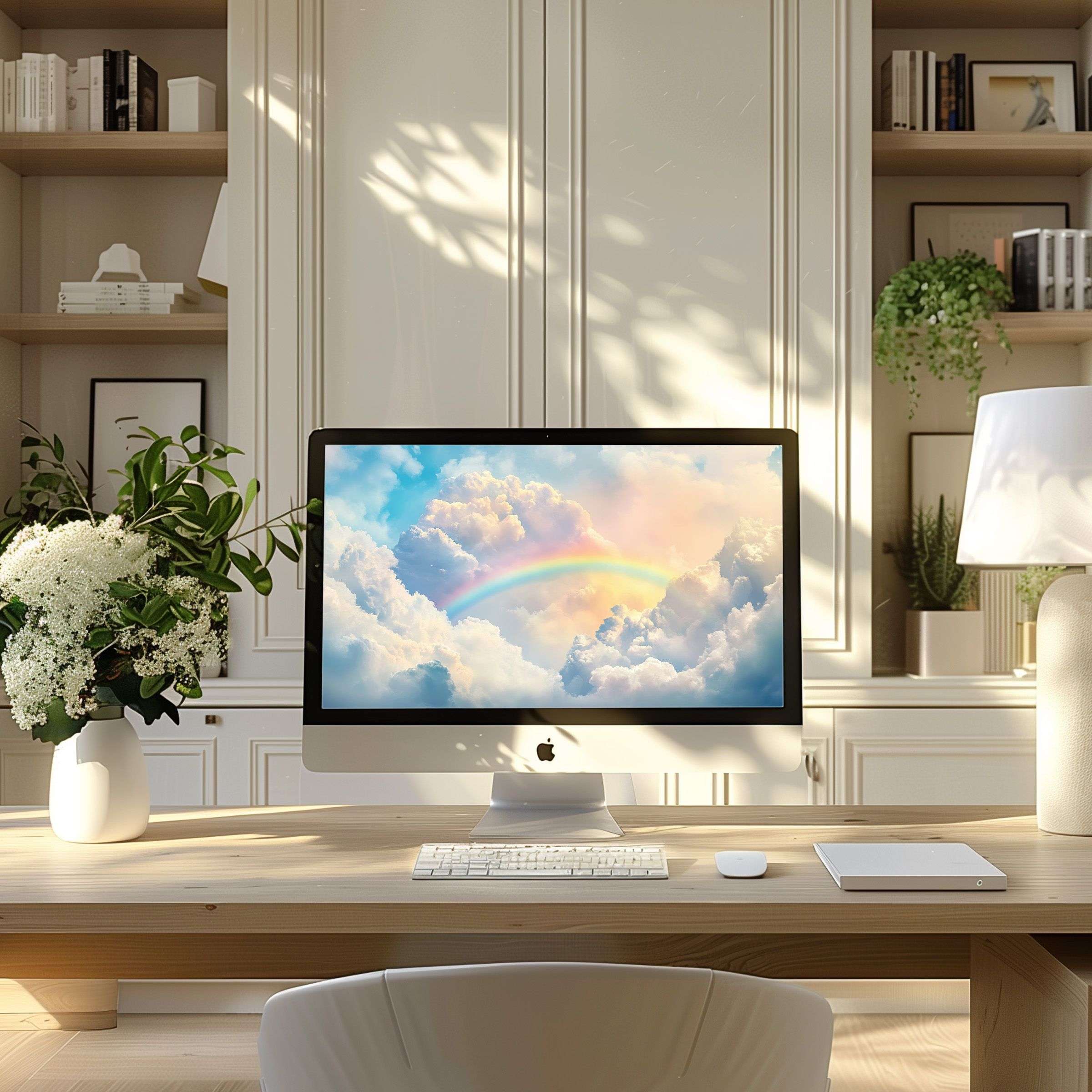 Elegant rainbow cloud wallpaper for computer enhances calm and inspiration in modern home office, fits PC and laptop screens