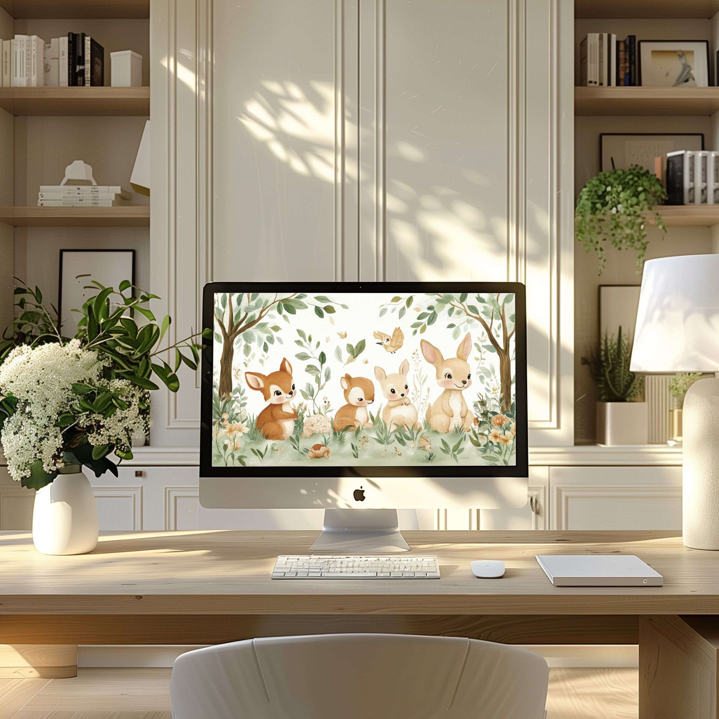 Calming woodland creatures digital art, ideal wallpaper for computer or laptop in a modern home office, inspiring elegance