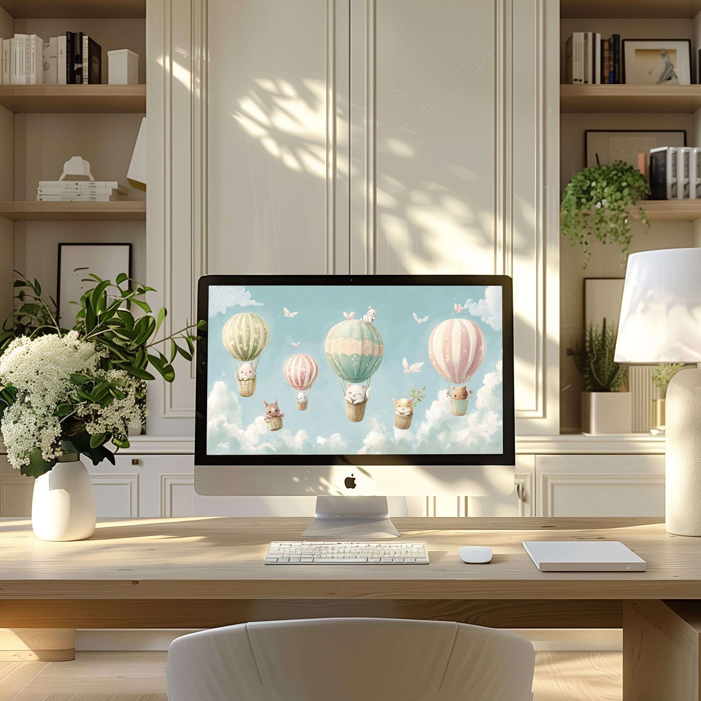 Hot air balloons in pastel skies create a serene wallpaper for computer, PC, or laptop enhancing modern office elegance