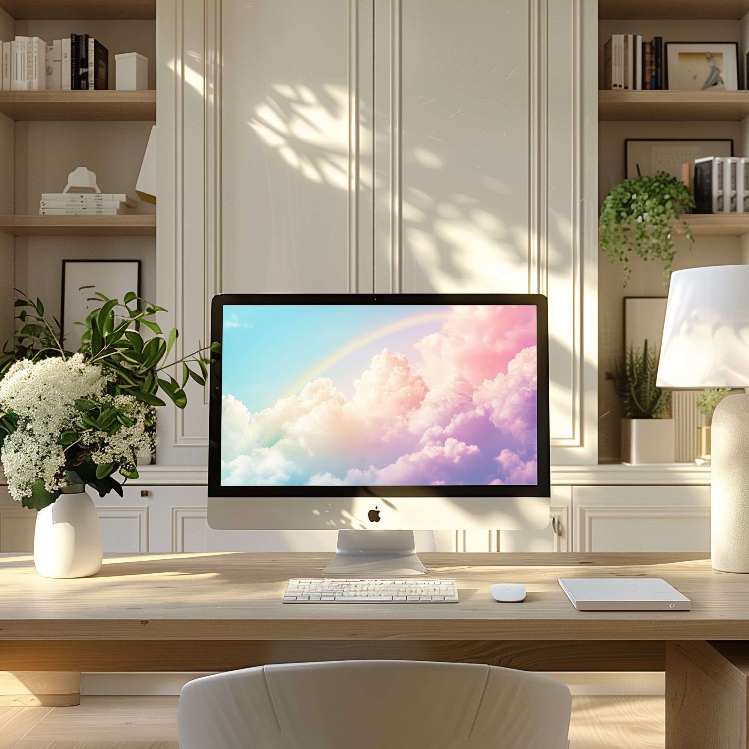 Elegant cloud and rainbow wallpaper for computer on desk in modern home office inspires calm and fits any PC or laptop display