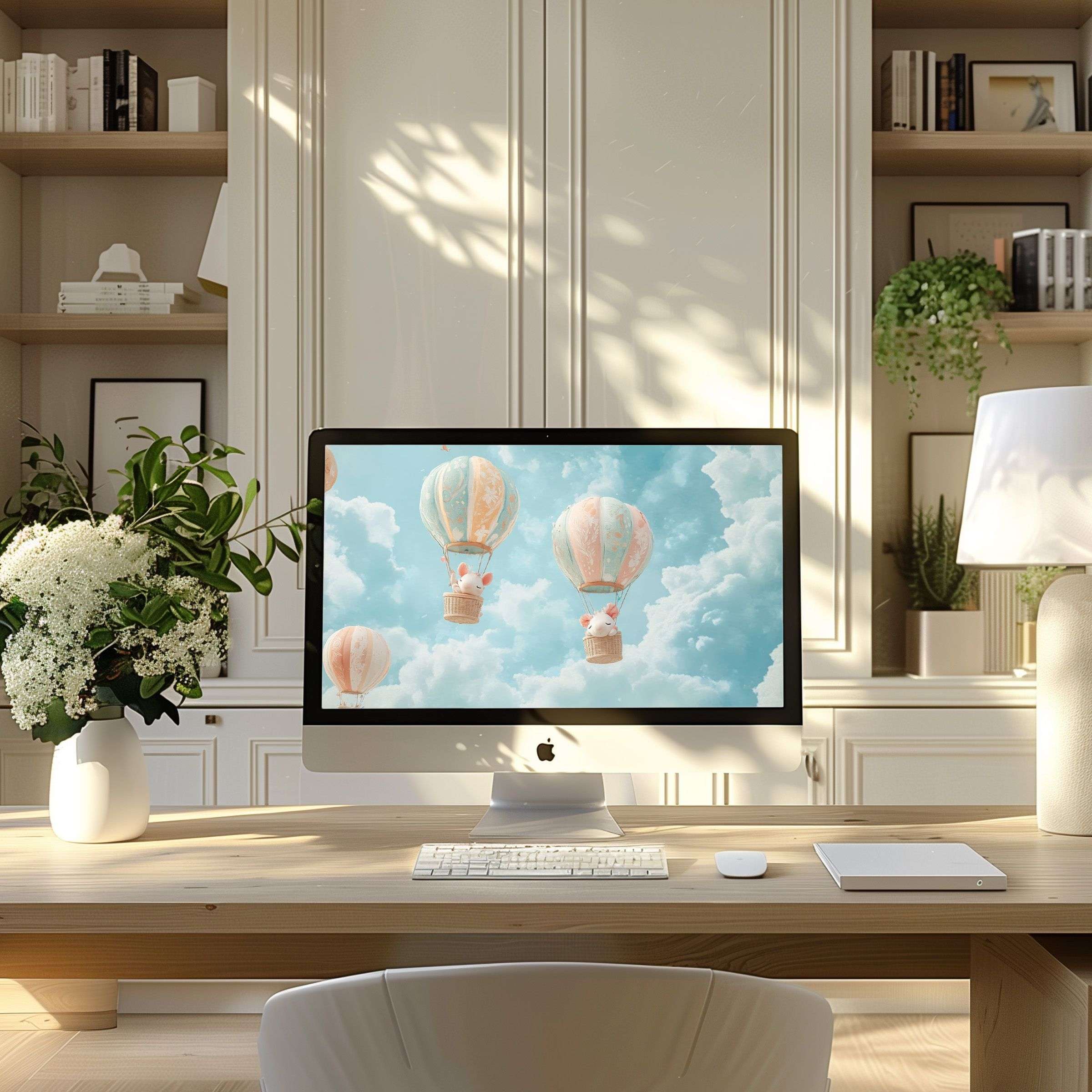Inspiring hot air balloon digital art wallpaper for computer, perfect for PC or Laptop, enhances modern home office with calm elegance