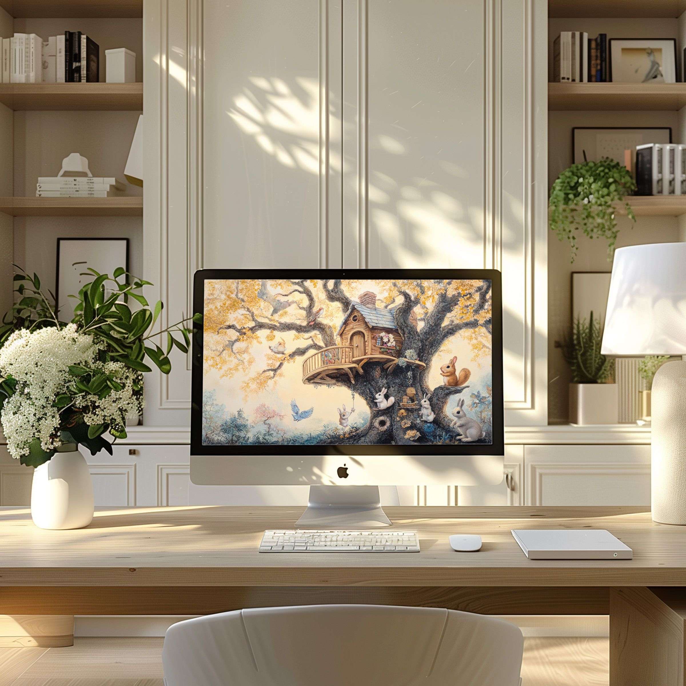 Elegant computer wallpaper featuring a whimsical treehouse in calming pastel tones, ideal for PC, laptop, and office inspiration