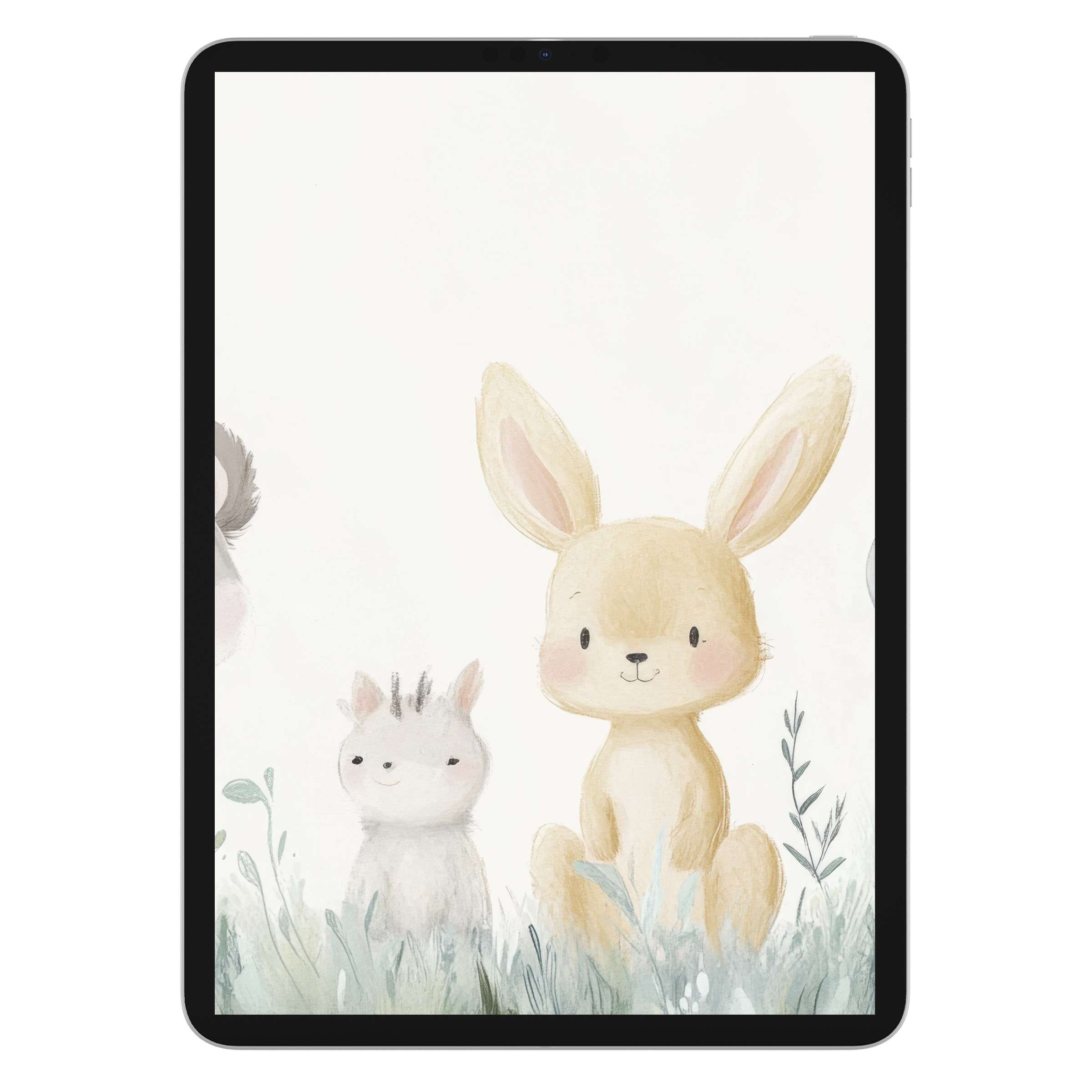 Gentle pastel nursery iPad wallpaper with calm animals in soft grass, perfect digital download for elegant tablet background lovers