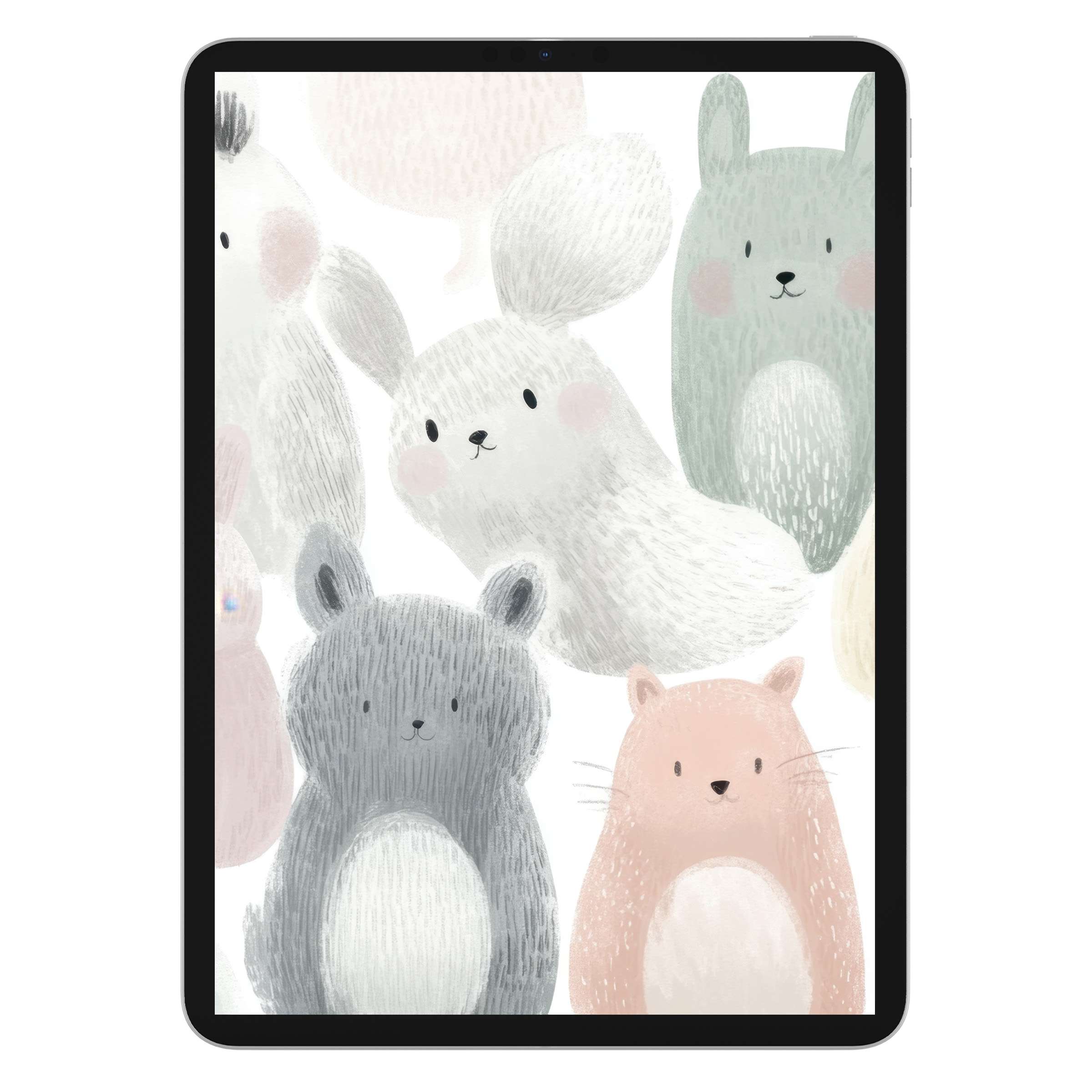 Adorable pastel animals create a serene nursery iPad wallpaper, ideal for tablet backgrounds and digital downloads featuring soft textures