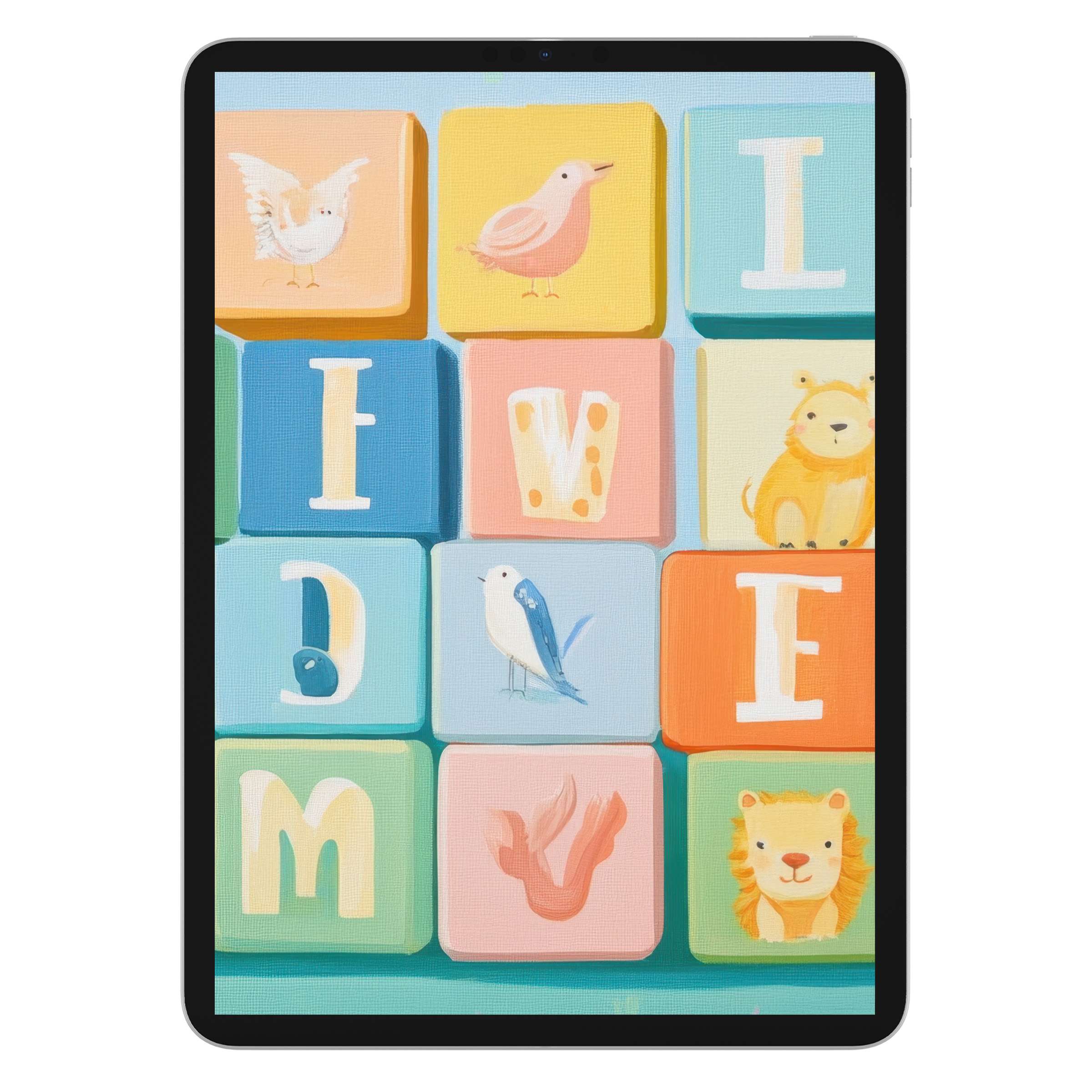 Charming nursery iPad wallpaper featuring colorful animal and letter blocks, digital download for iPad and Android tablet backgrounds