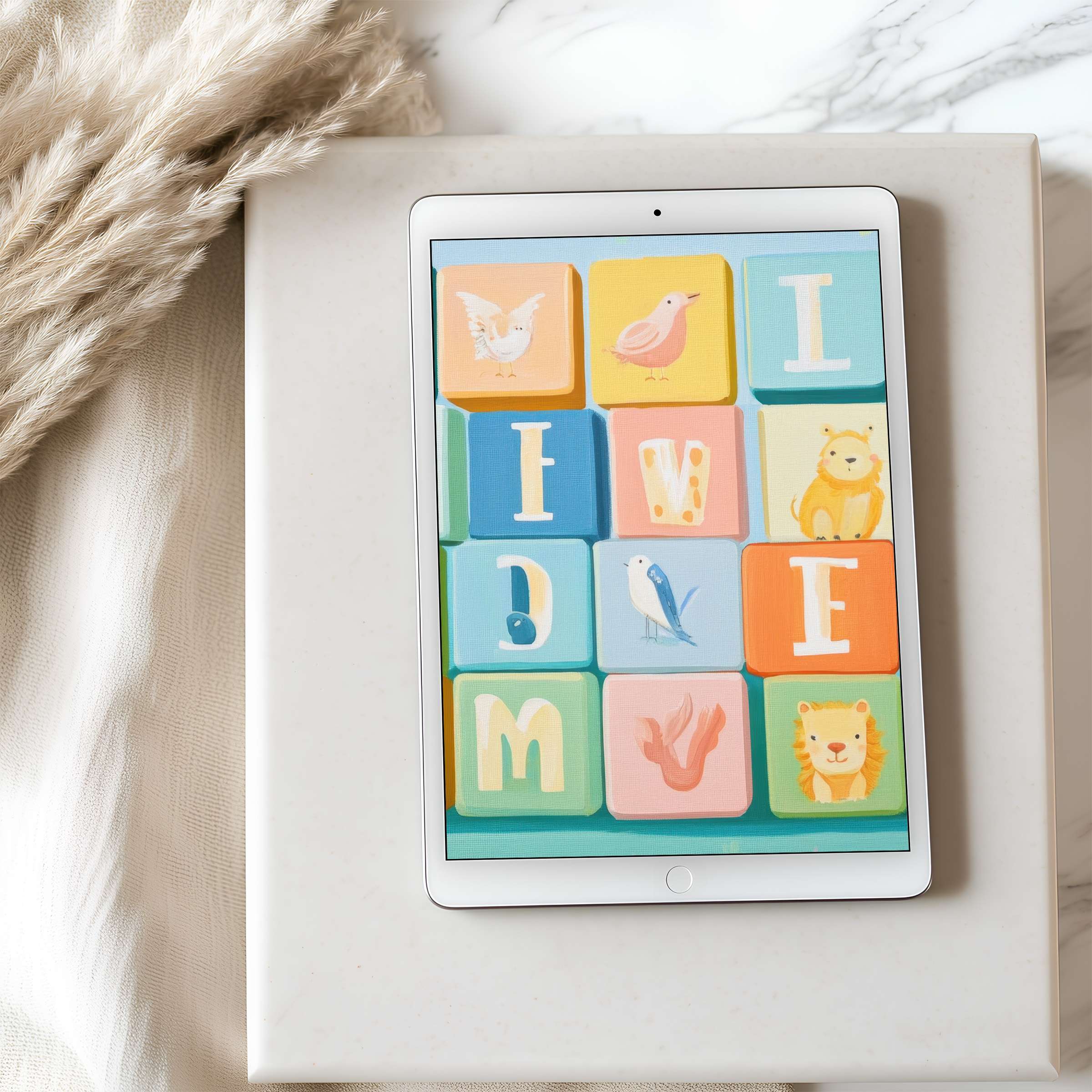 Elegant alphabet motif tablet wallpaper in pastel hues on an iPad offers high-resolution digital download for calming interiors