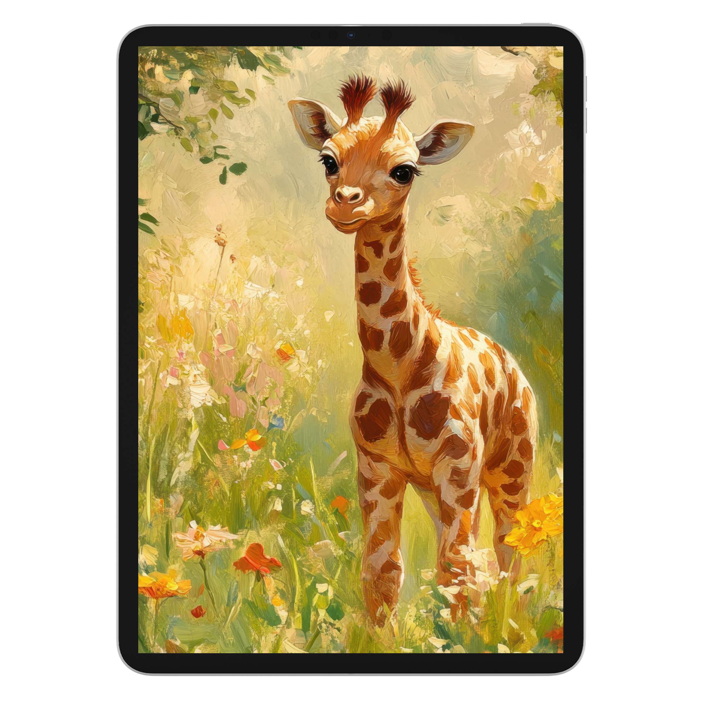 Charming nursery iPad wallpaper digital download featuring a whimsical giraffe in soft pastel hues ideal for tablet background artistry