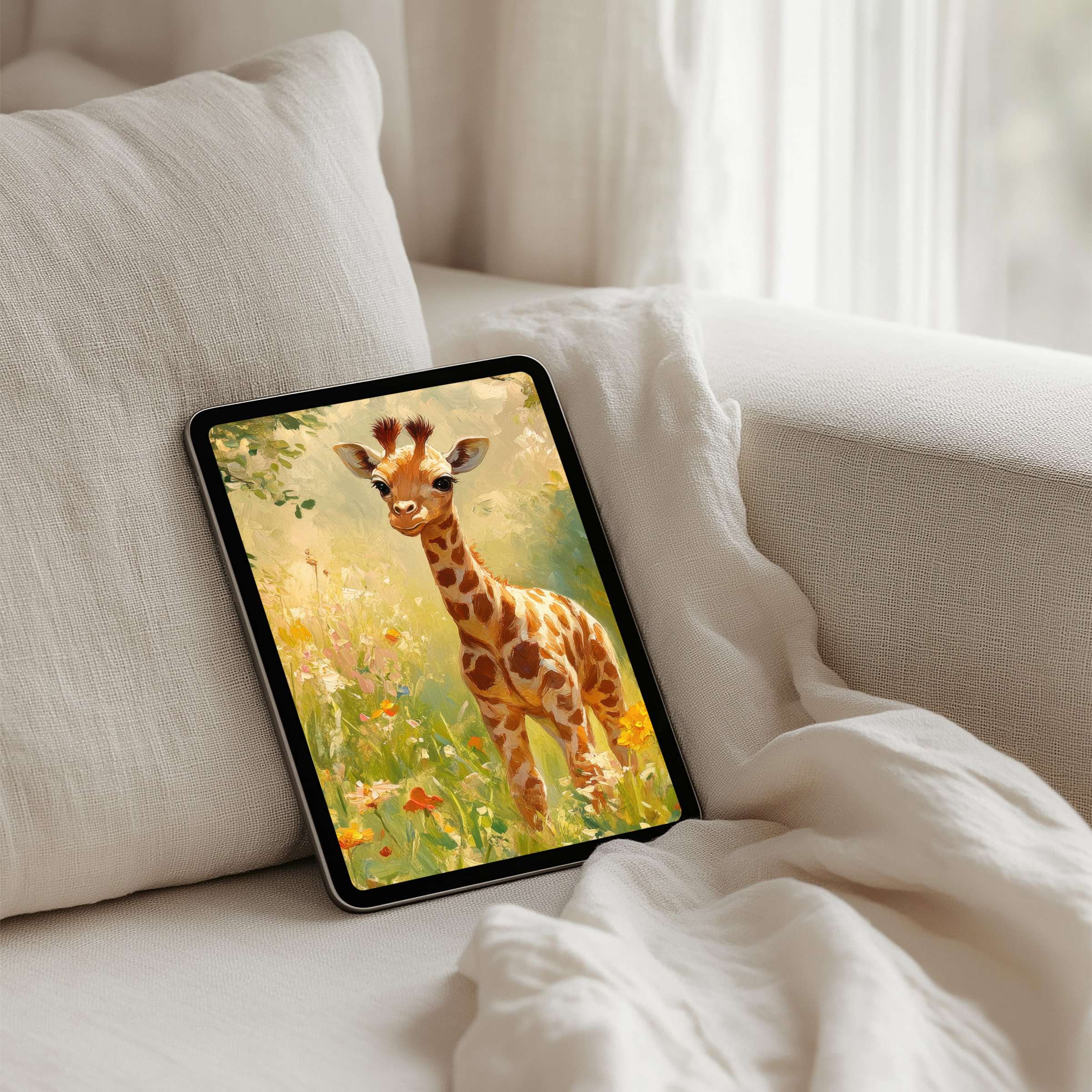 Elegant iPad background featuring a serene giraffe in sunlit meadow art, perfect for instant download on any tablet device