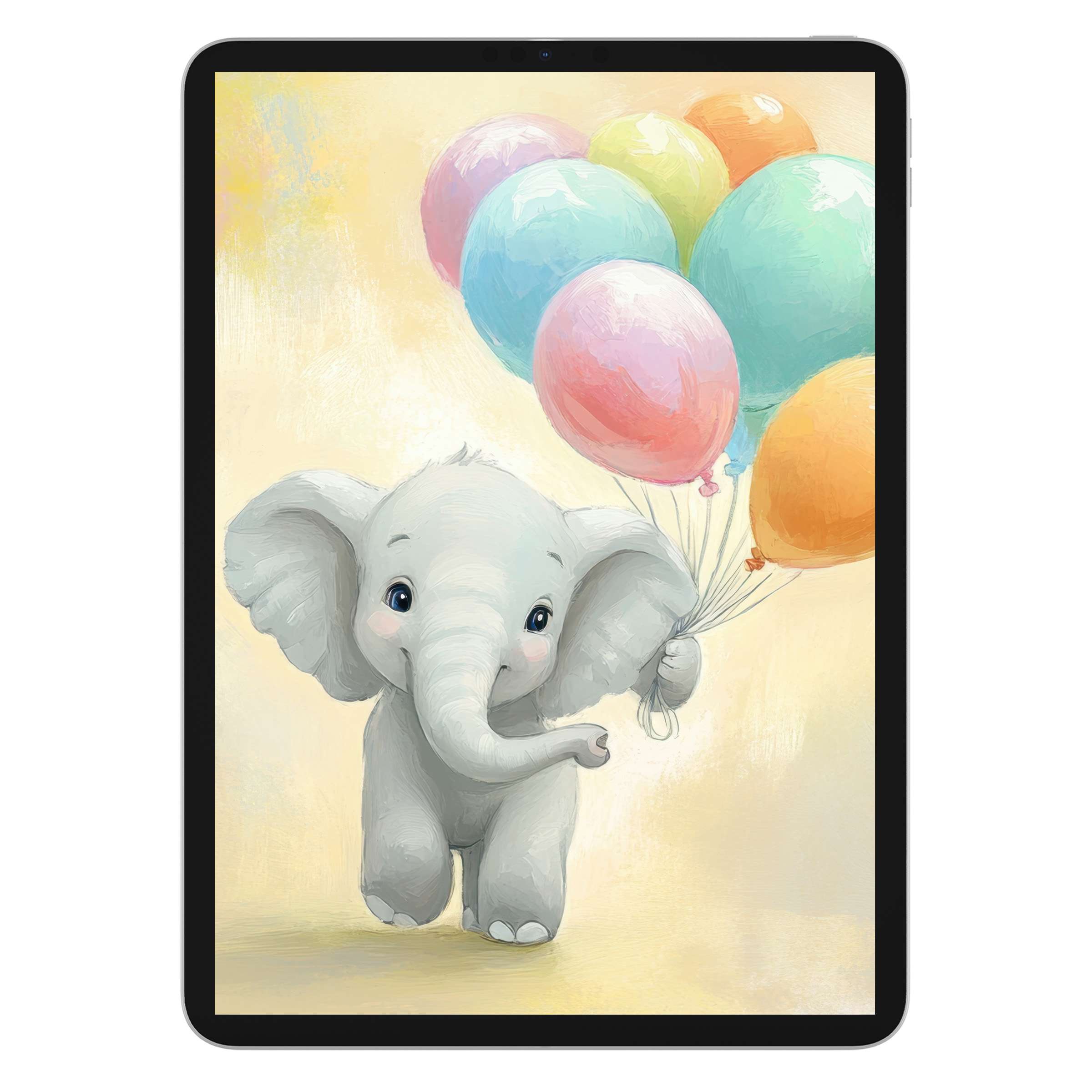 Charming nursery iPad wallpaper features a playful elephant with colorful balloons, ideal digital download for tablet background bliss