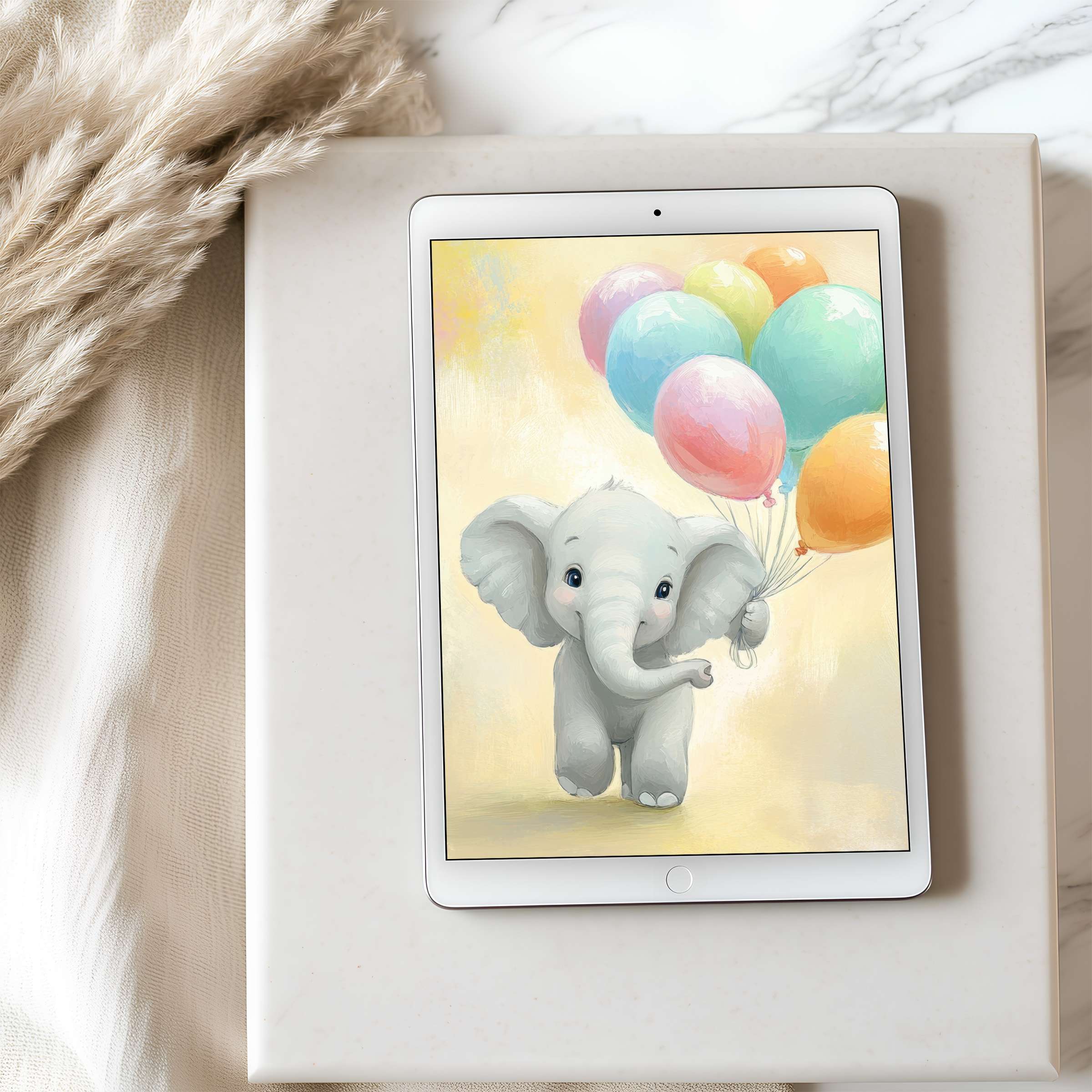 Elegant tablet wallpaper featuring a whimsical elephant with pastel balloons exudes charm and tranquility ideal for iPad or Android download