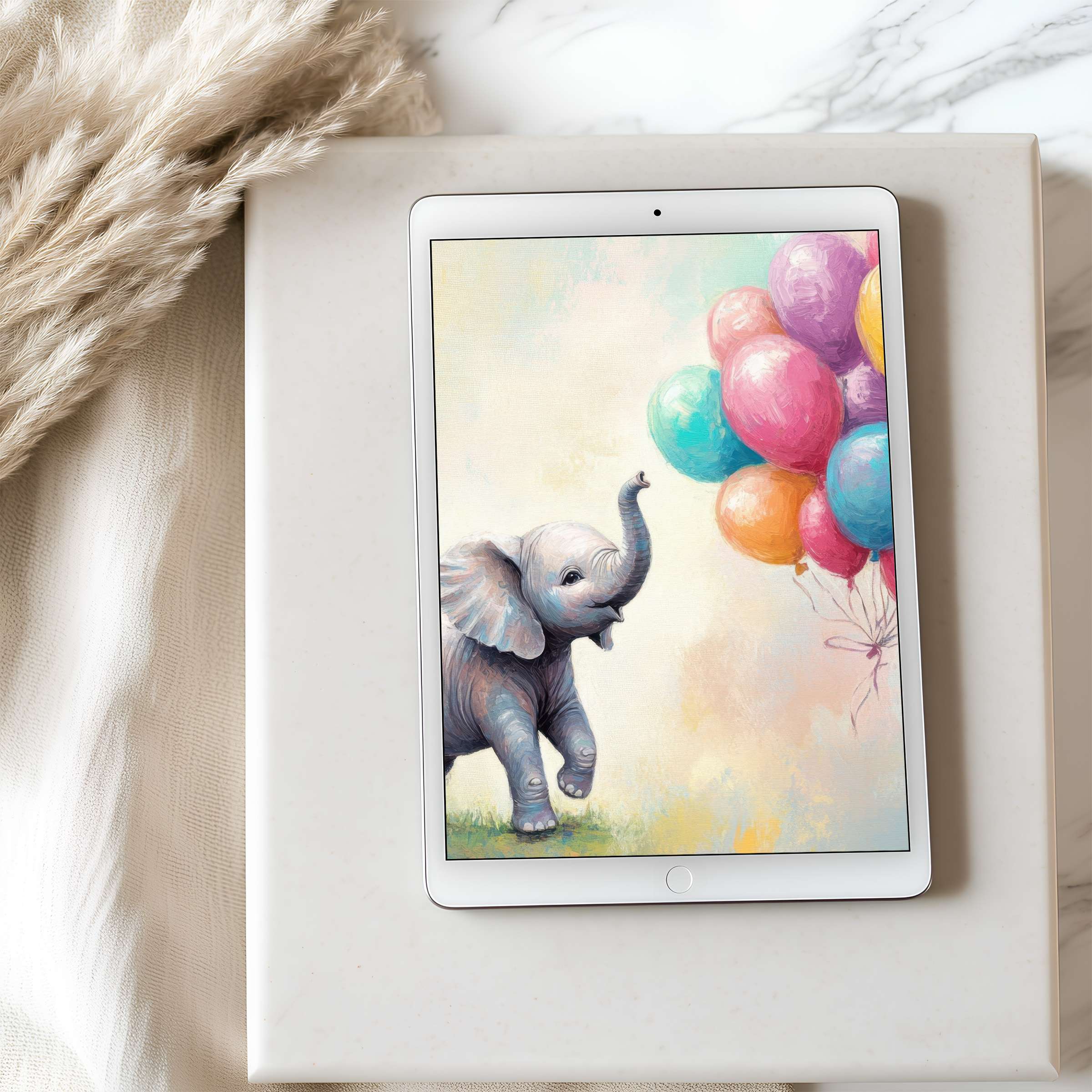Charming pastel elephant with balloons tablet wallpaper for high resolution iPad or Android devices digital download soothing decor