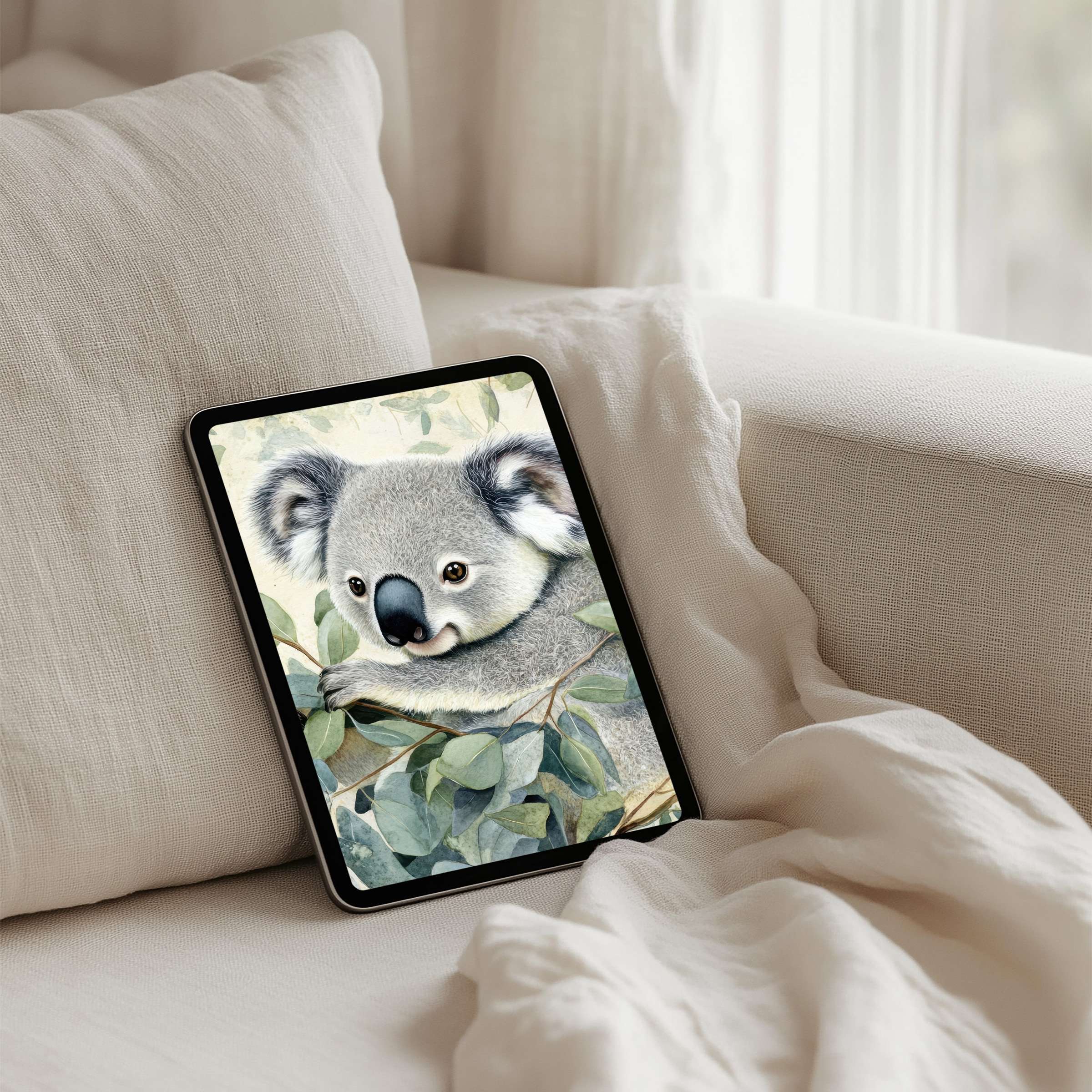Elegant watercolor koala iPad background for instant download brings calm and inspiration to any tablet setting