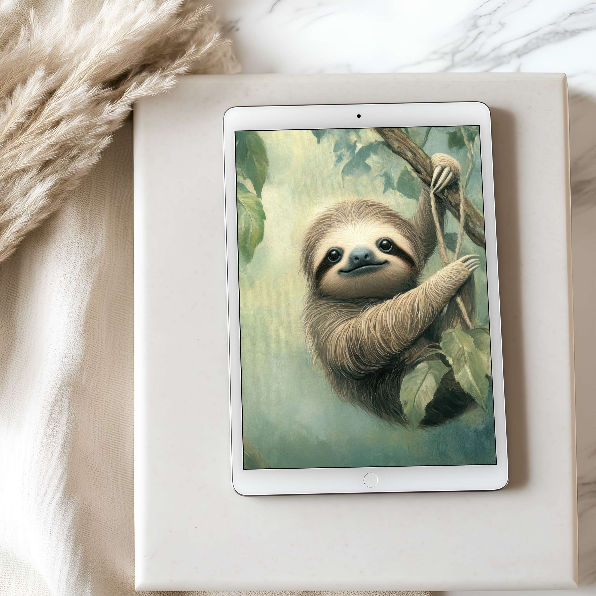 Elegant tablet wallpaper featuring a serene sloth on a tree branch, perfect for high resolution iPad or Android, digital download
