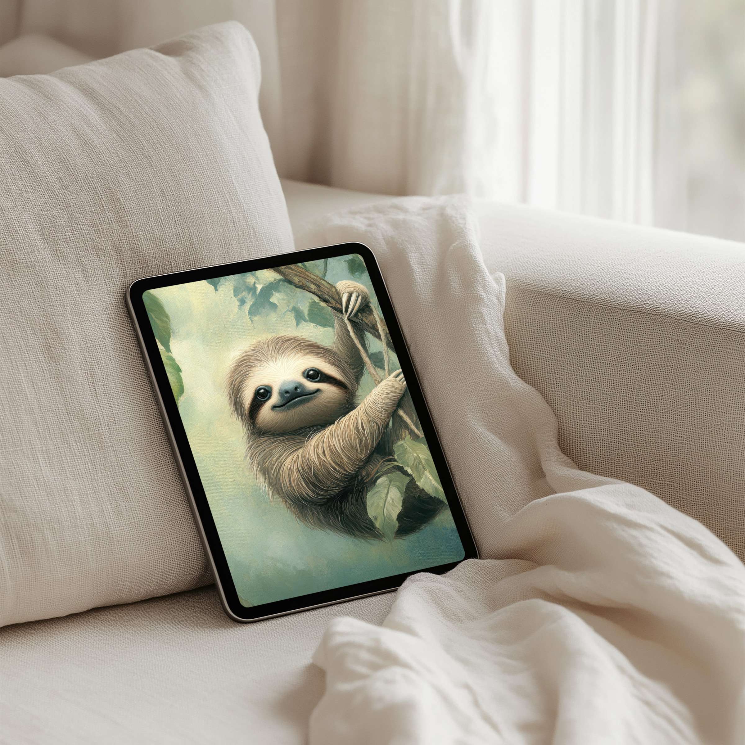 Charming sloth illustration as iPad background offers an instant download for any tablet bringing calm and elegance to your space