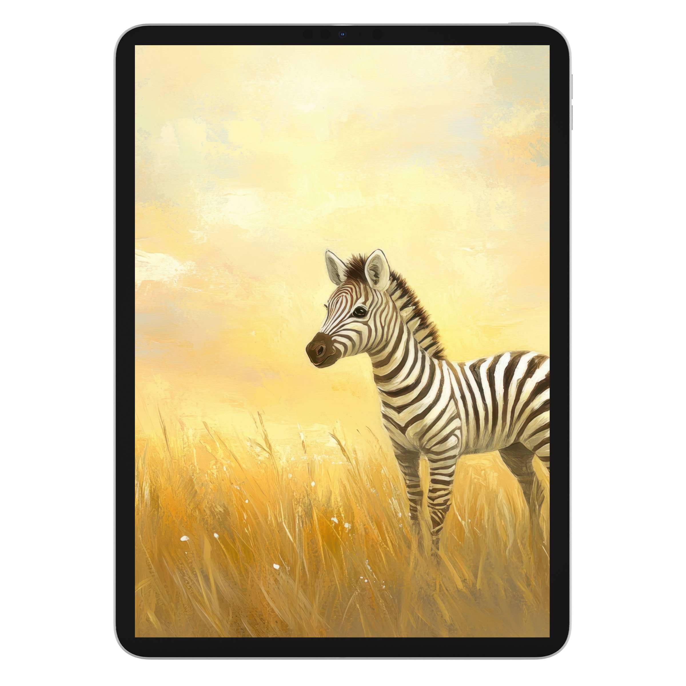 Nursery iPad wallpaper featuring a serene zebra in a golden meadow, ideal tablet background for a calming digital download ambiance