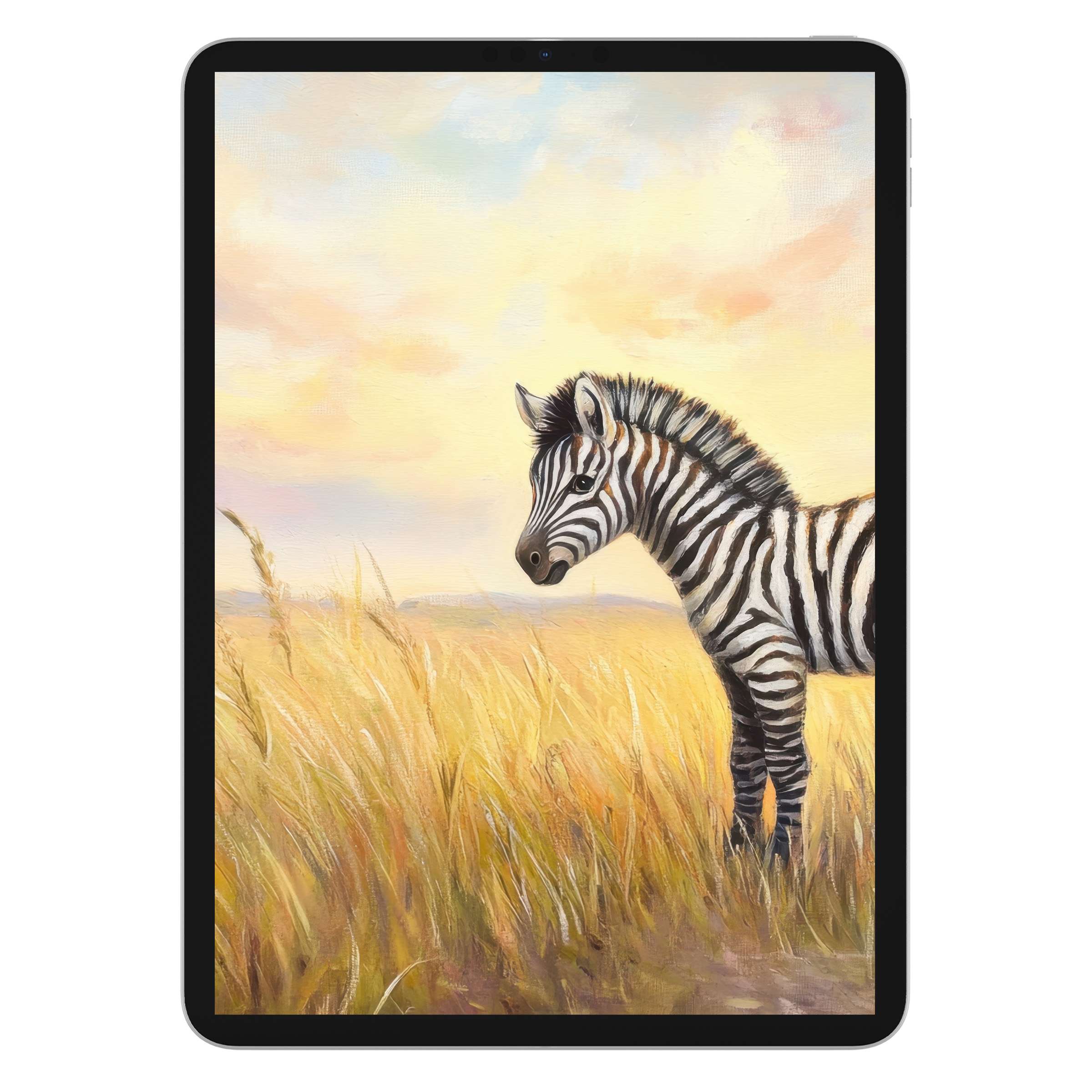 Elegant nursery iPad wallpaper featuring a serene zebra in golden grass, perfect digital download background for tablets and more