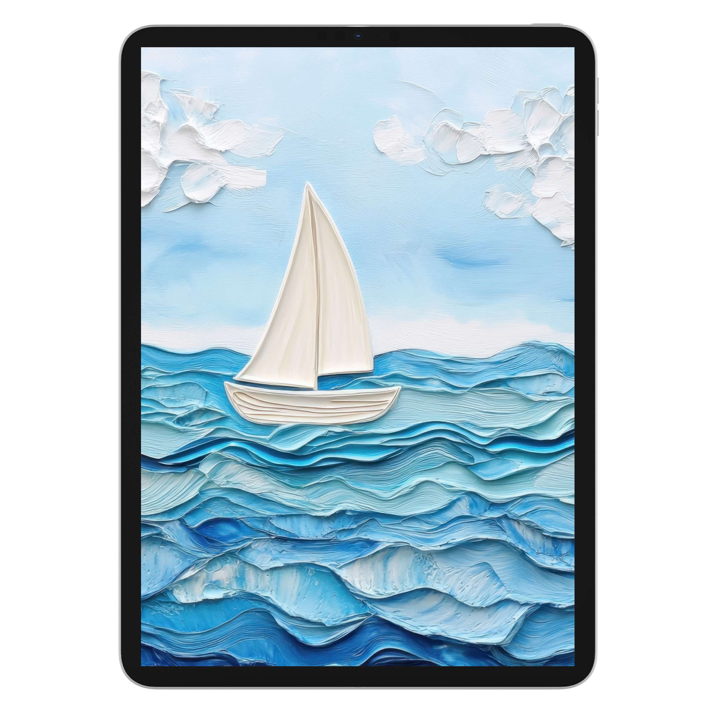 Tranquil sailboat scene in calming blue and white tones, this nursery iPad wallpaper offers an elegant digital download background for tablets