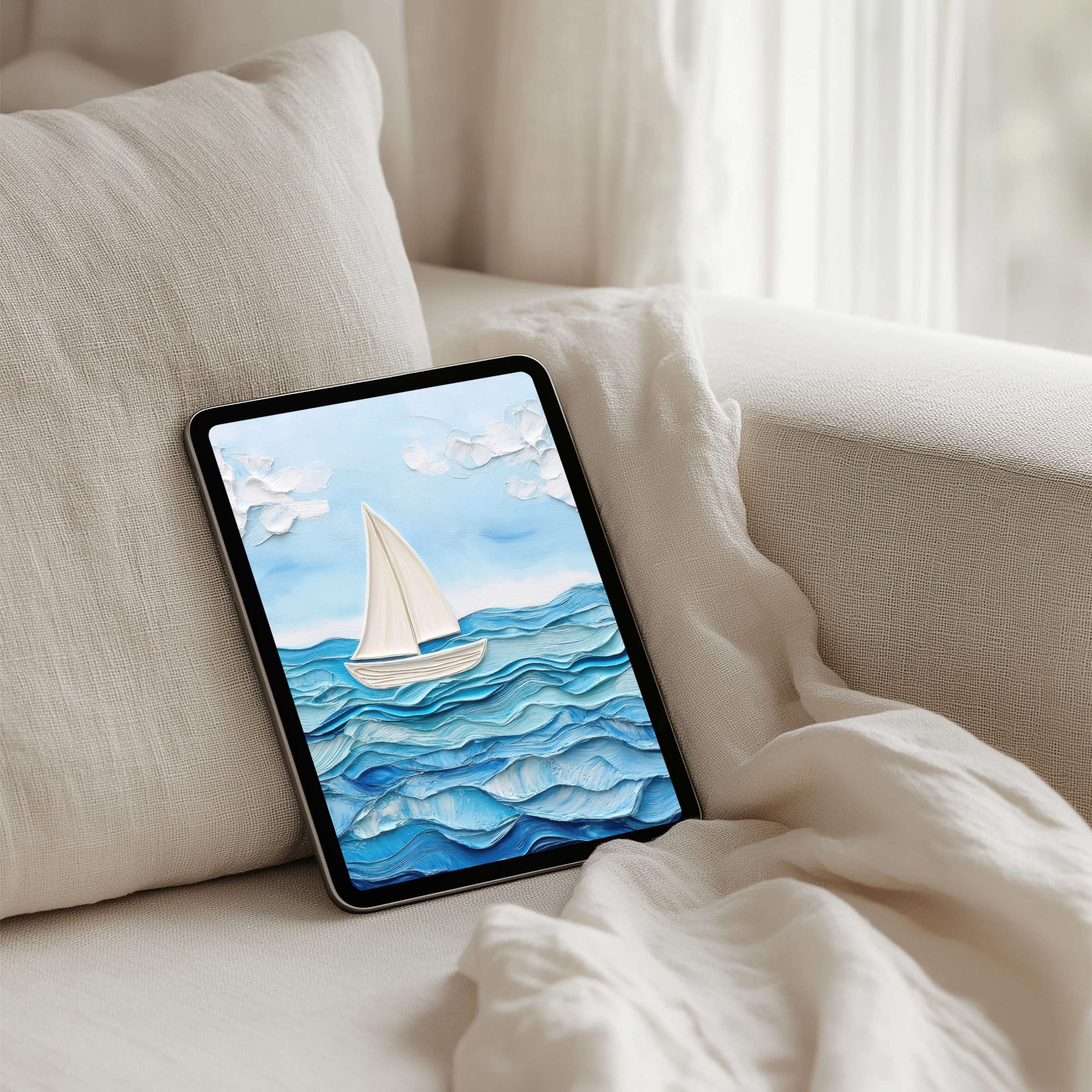 Elegant iPad background with serene sailboat art evokes calm and mindfulness perfect for any tablet instant download available