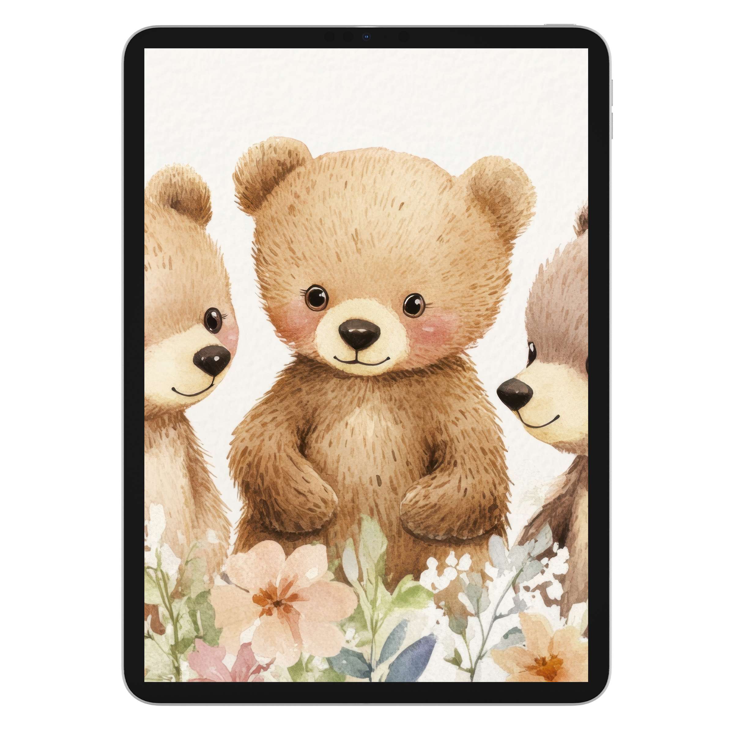 Charming nursery iPad wallpaper with cute watercolor bears among pastel flowers as a calming digital download background for any tablet