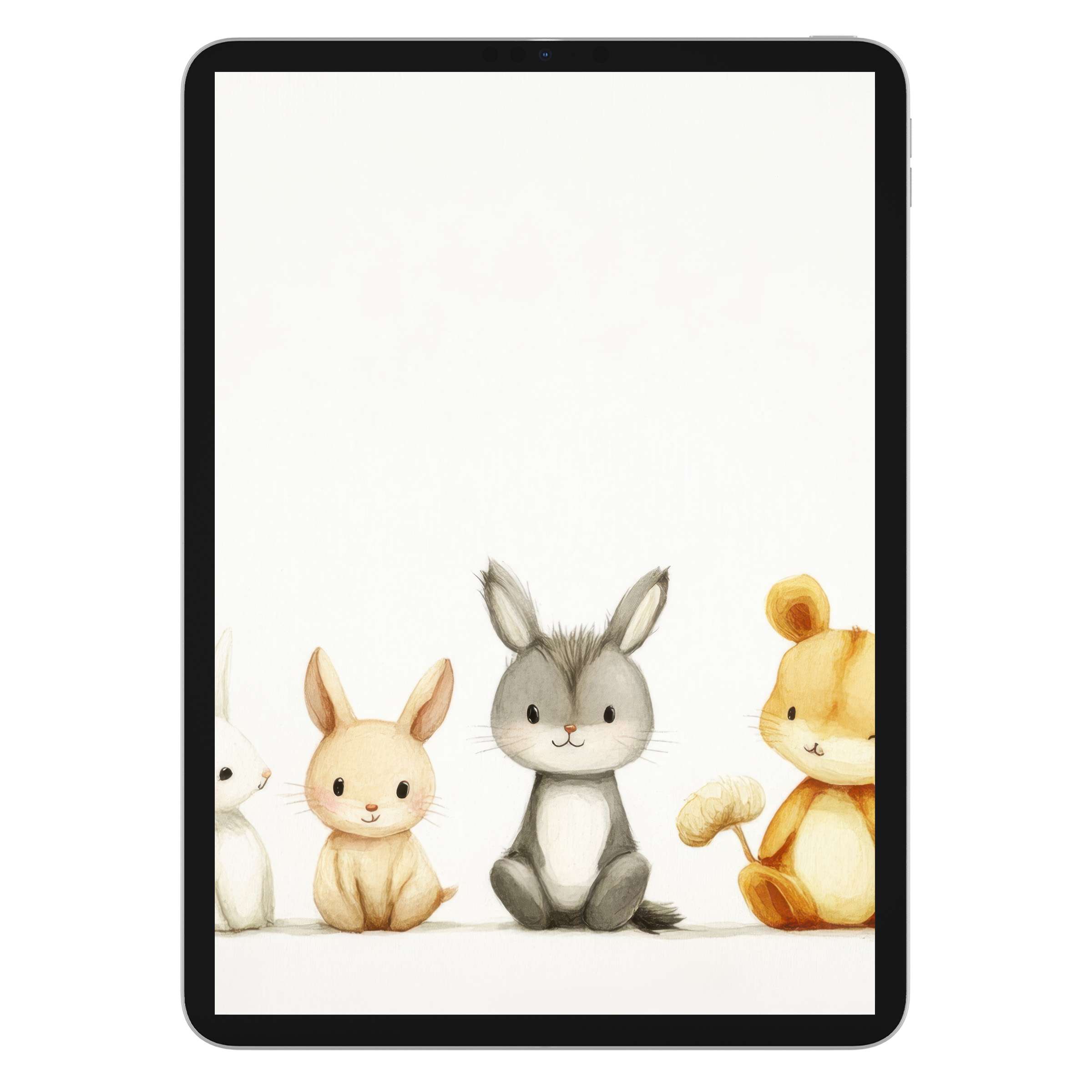 Charming nursery iPad wallpaper with soft watercolor animals creates a soothing digital download background for any tablet screen