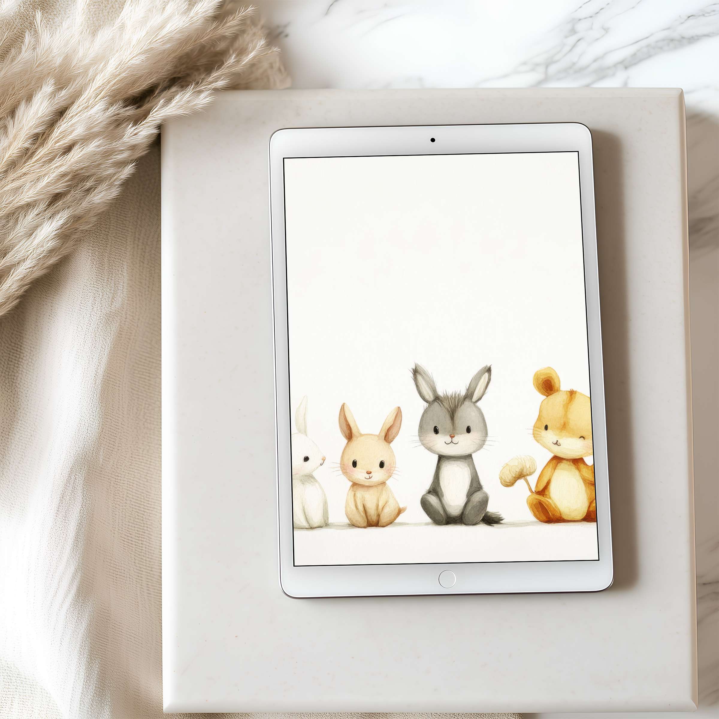 Charming tablet wallpaper with delightful animal illustrations enhances serenity, available as high resolution digital download for iPads