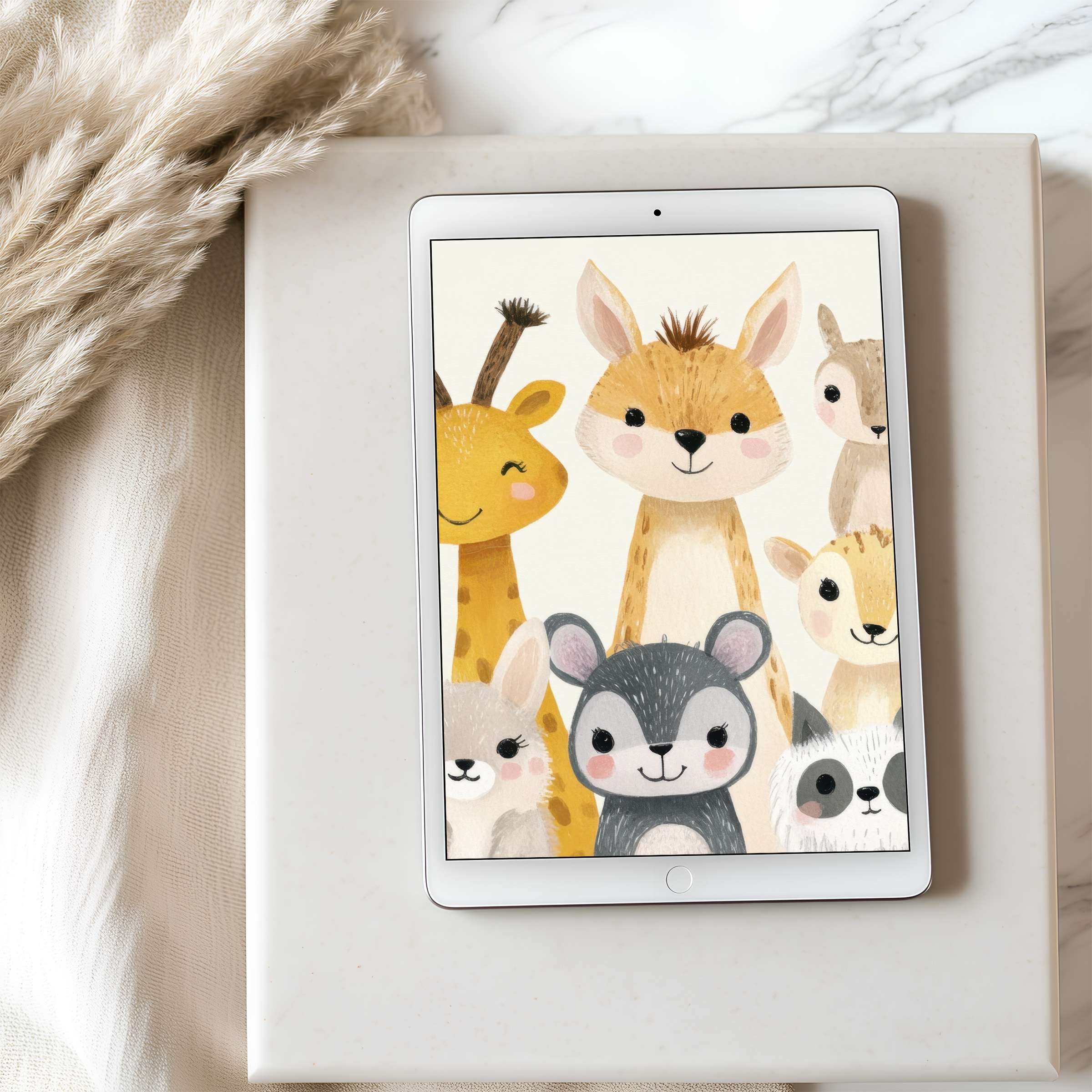 Curated tablet wallpaper featuring charming animals in soft pastel hues enhances any iPad’s aesthetic appeal and digital download convenience