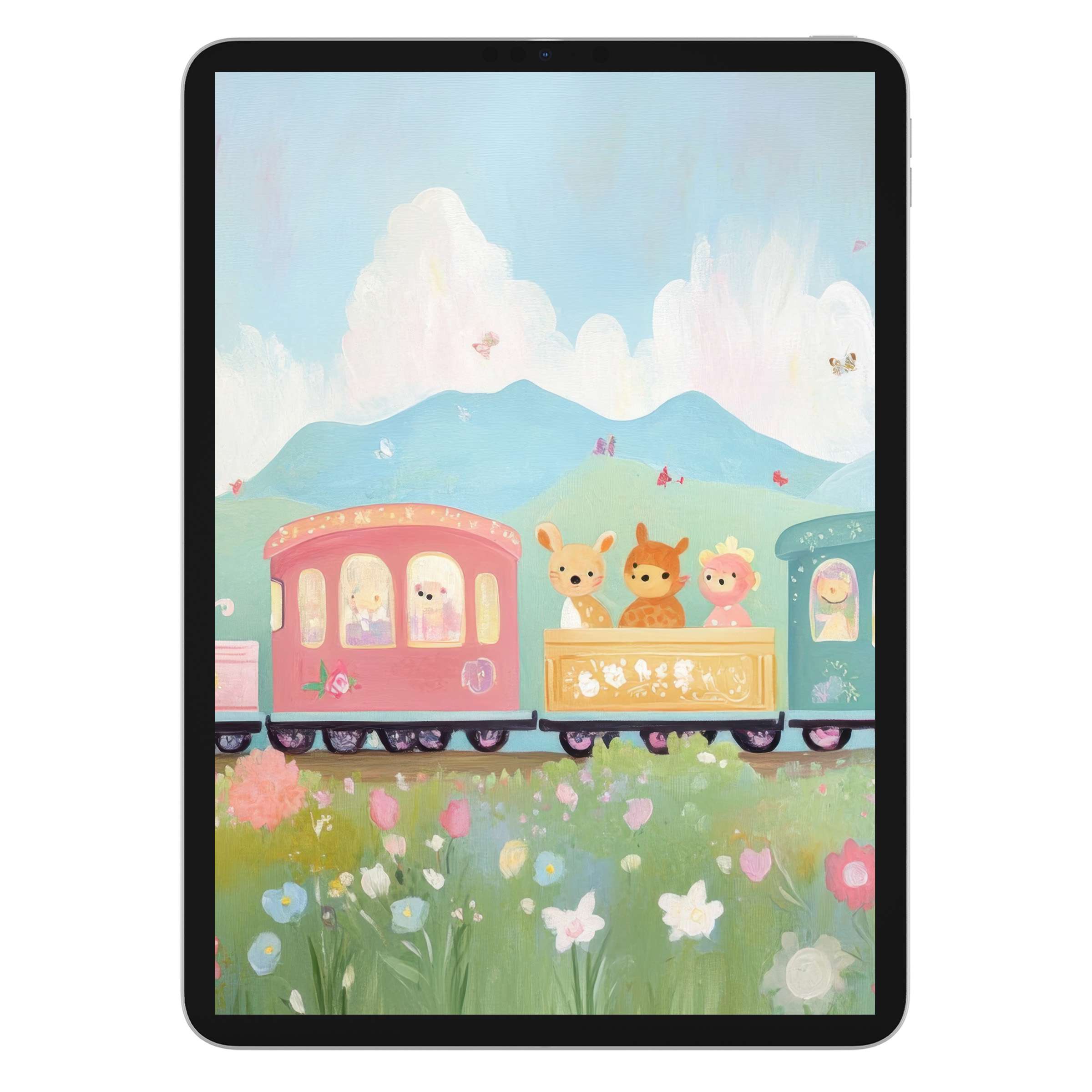 Charming nursery iPad wallpaper featuring a colorful train amidst pastel mountains and flowers, perfect digital download for tablet background
