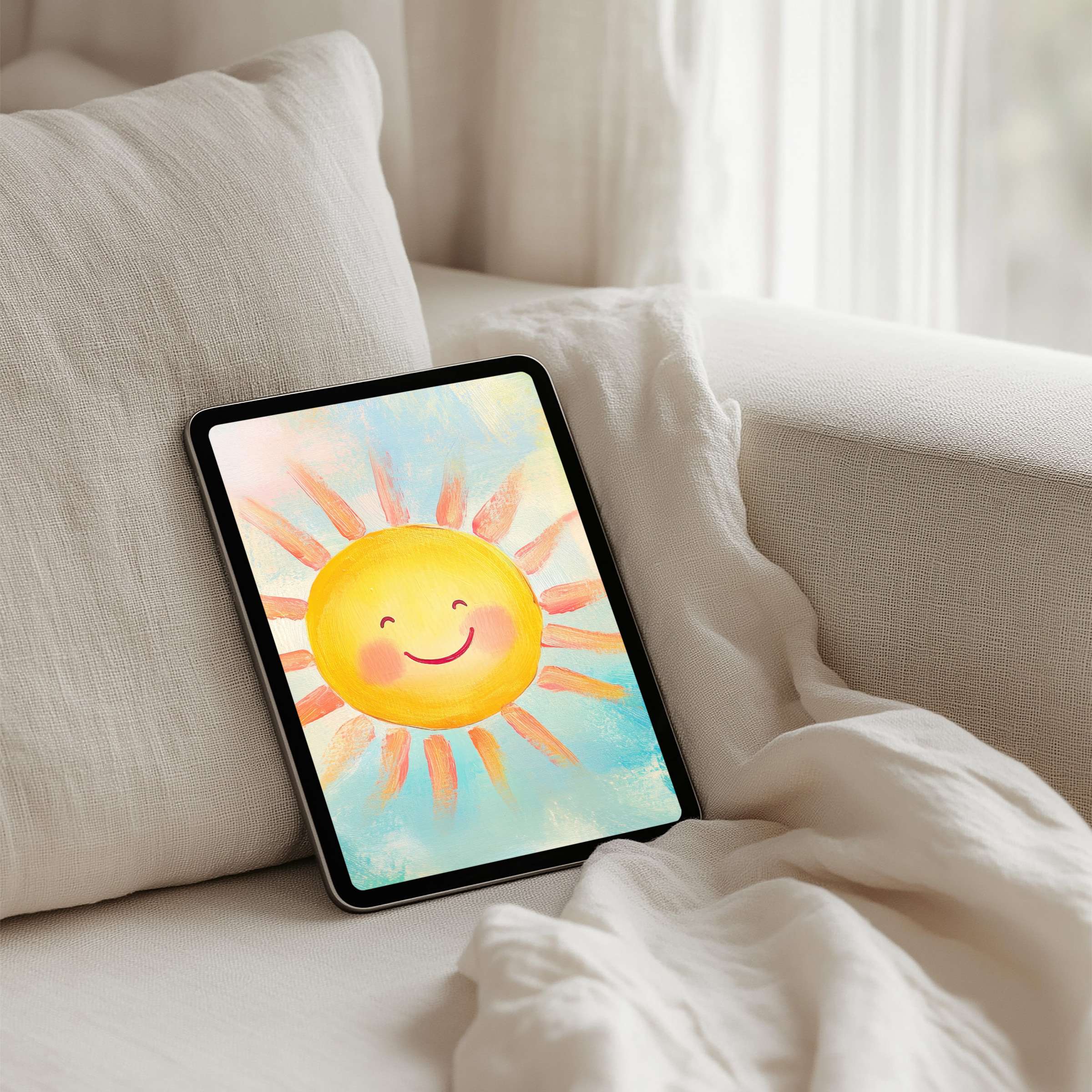 Cheerful sun art creates a serene iPad background for tablets, inspiring calm and elegance with instant download access