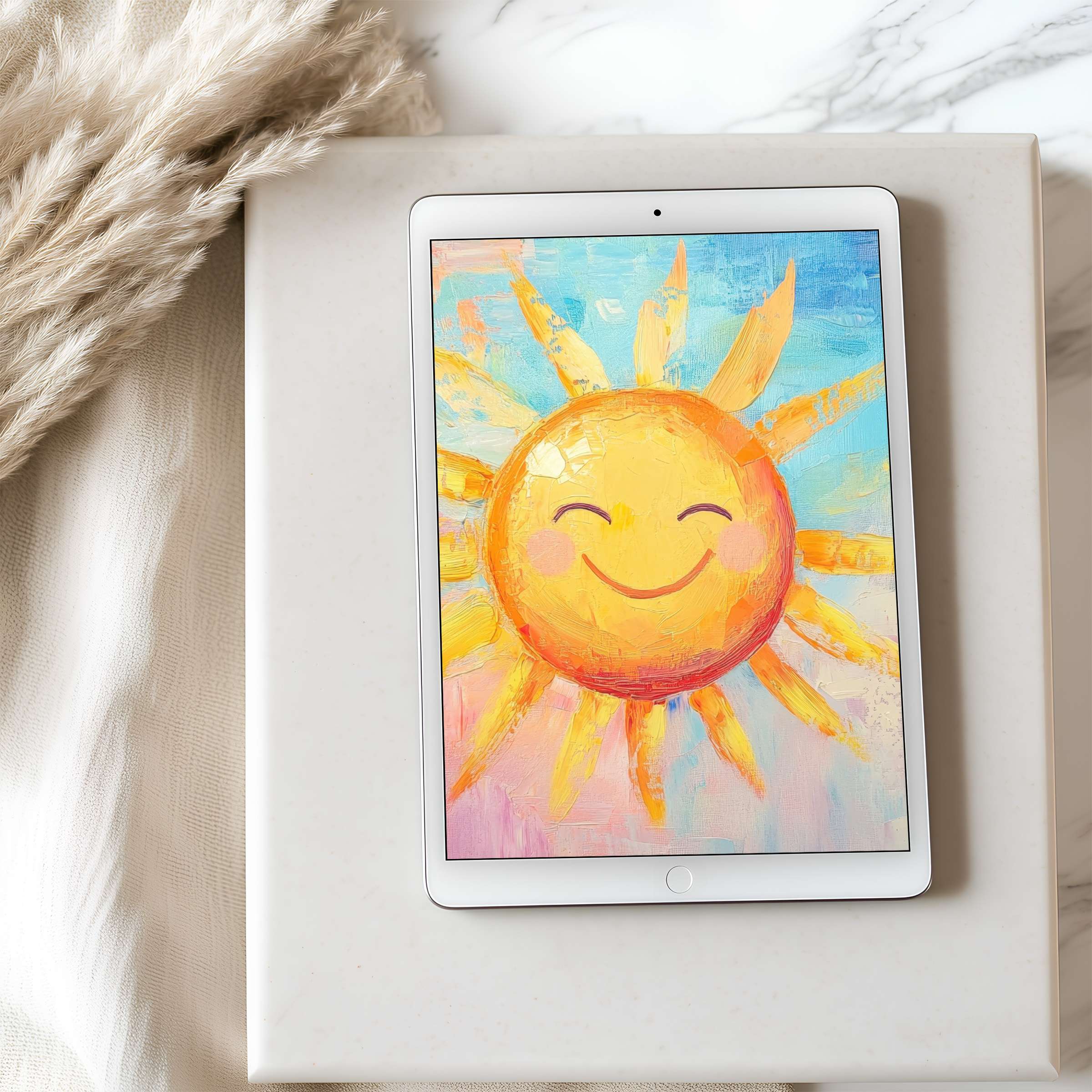 Vibrant sun illustration tablet wallpaper enhances tranquil spaces with its high resolution and joyful charm, perfect for iPad download
