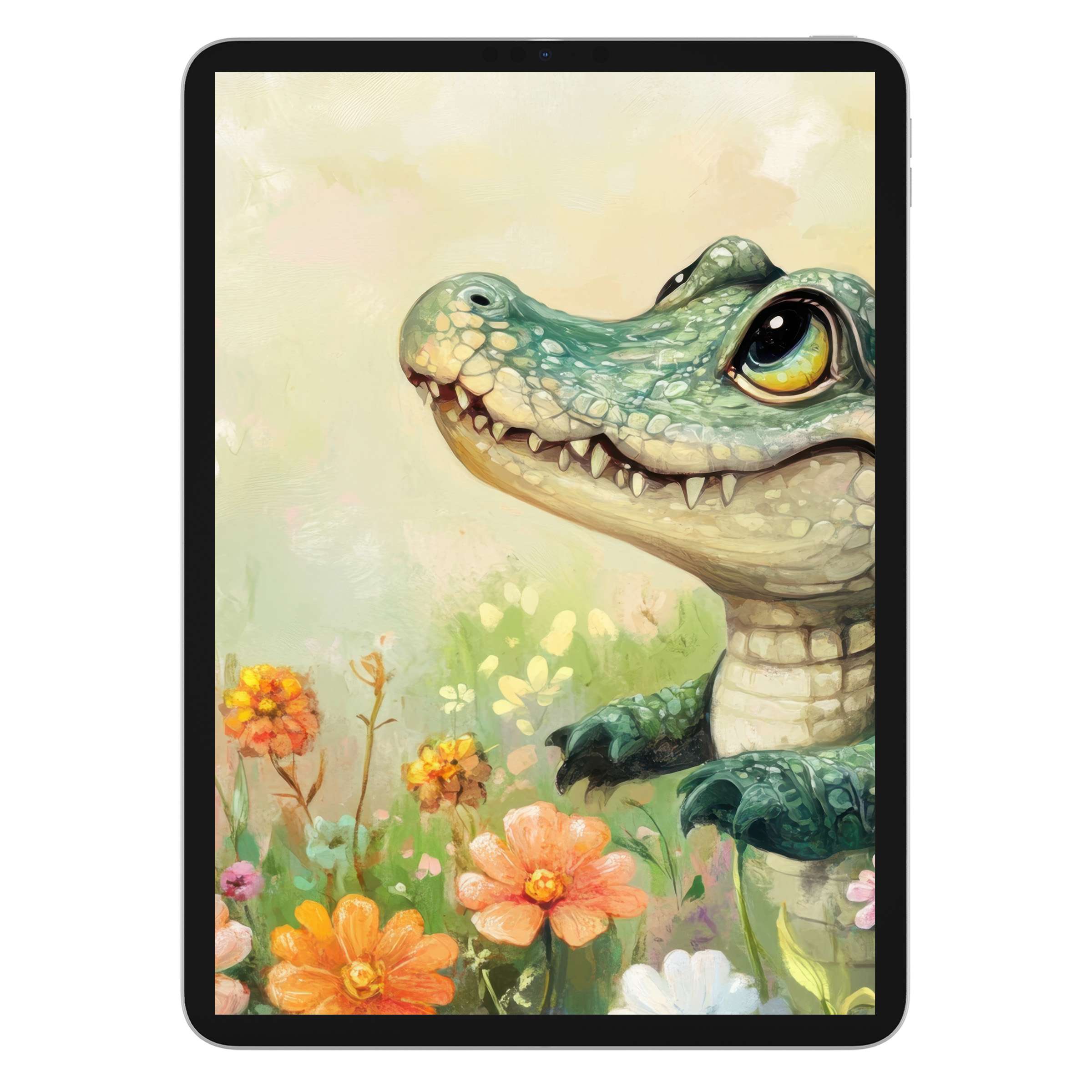 Charming nursery iPad wallpaper featuring a whimsical crocodile amid soft flowers, perfect digital download background for any tablet