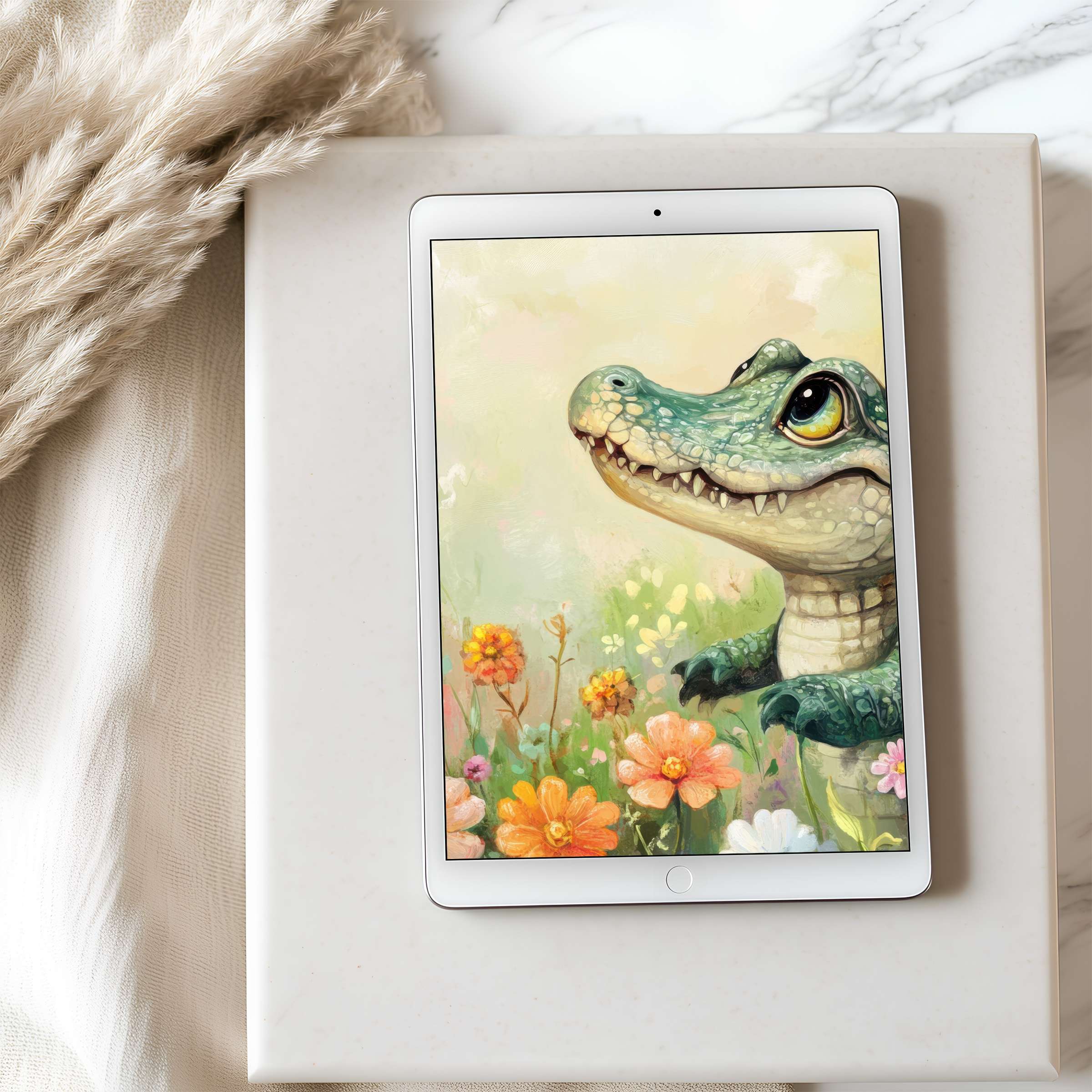 Charming crocodile art tablet wallpaper in high resolution, blending vibrant flora with soft pastels, perfect for iPad and Android users