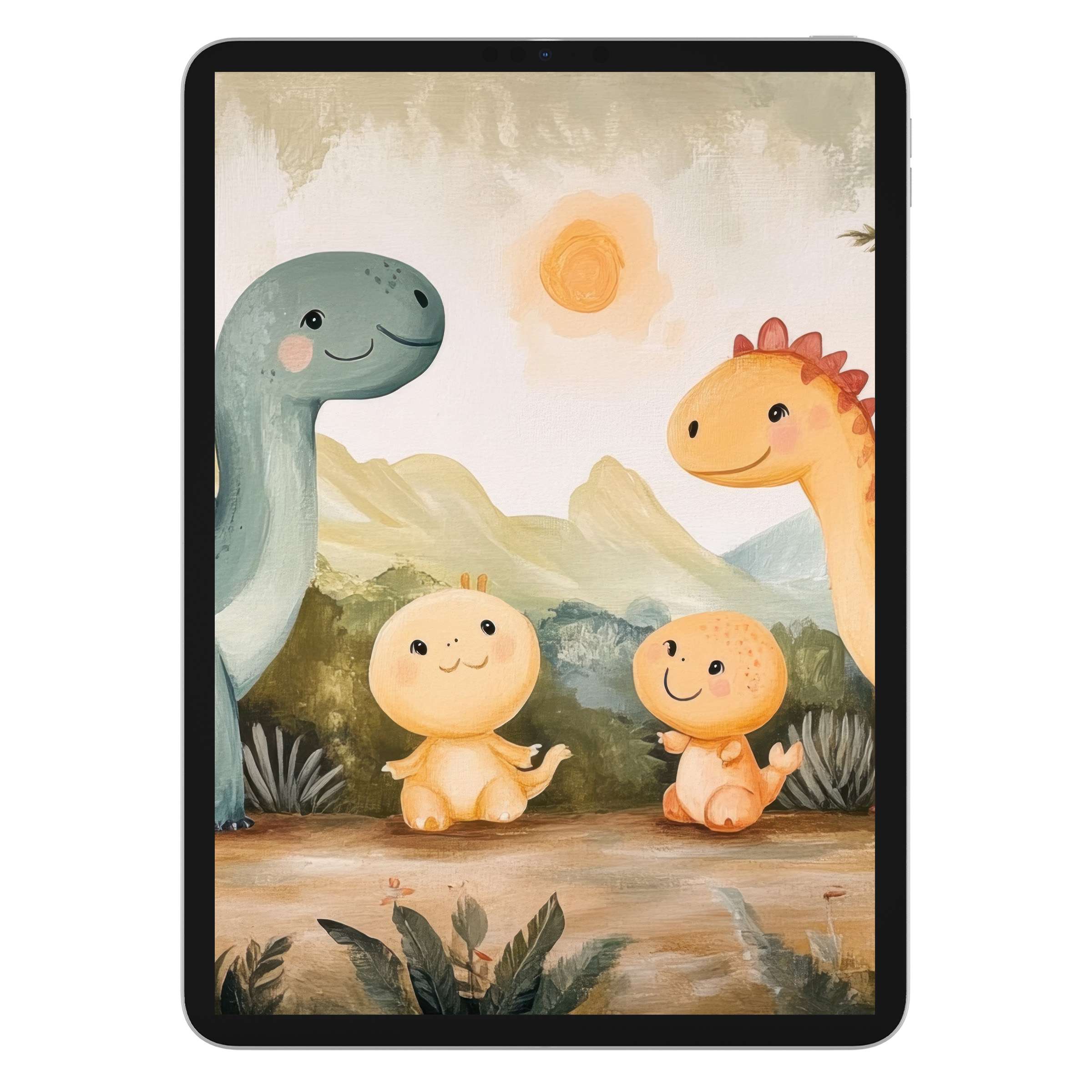 Whimsical nursery iPad wallpaper featuring pastel dinosaurs in a serene landscape digital download for elegant tablet background tranquility