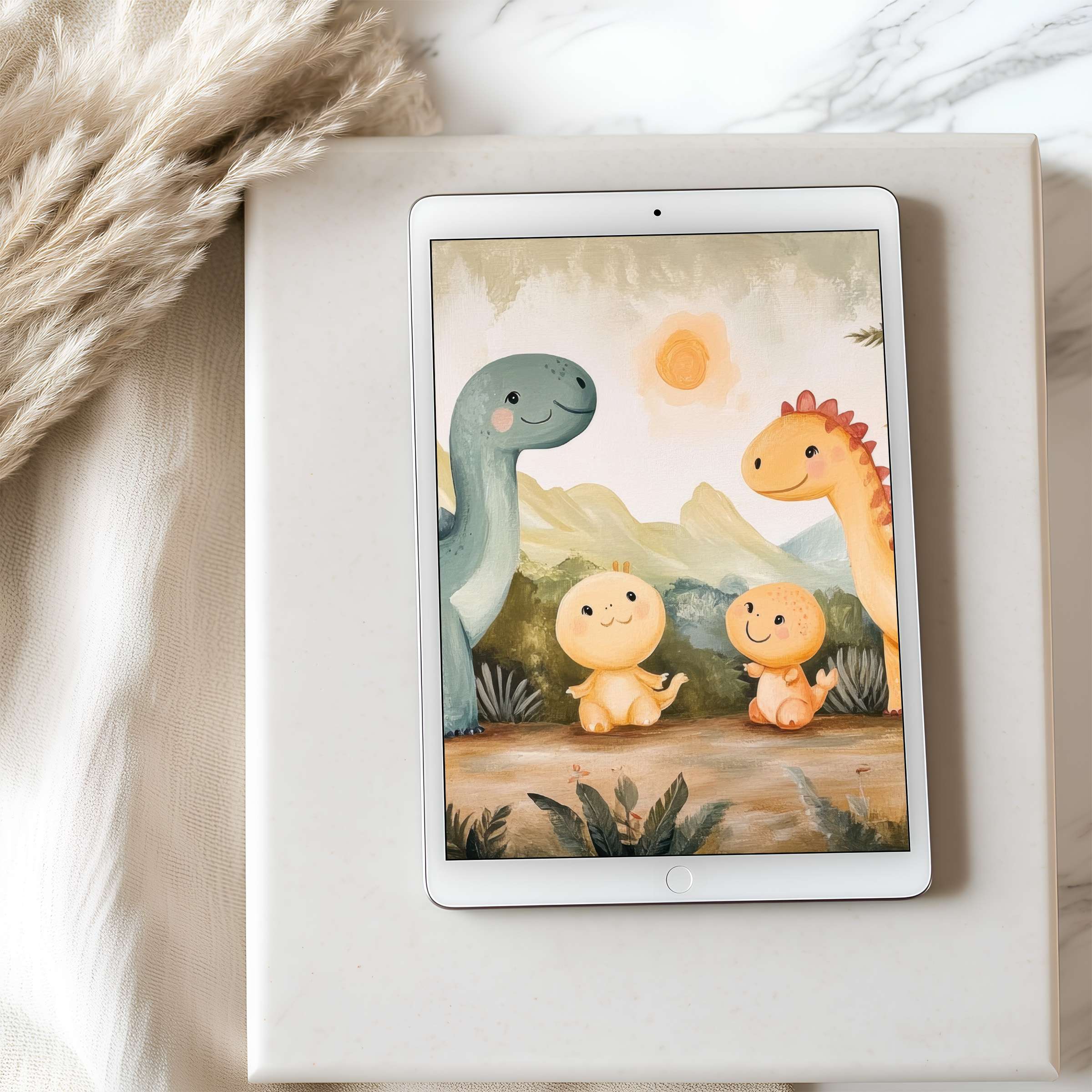Elegant tablet wallpaper featuring charming dinosaurs in calm pastel tones, curated for high-resolution iPad and Android tablets