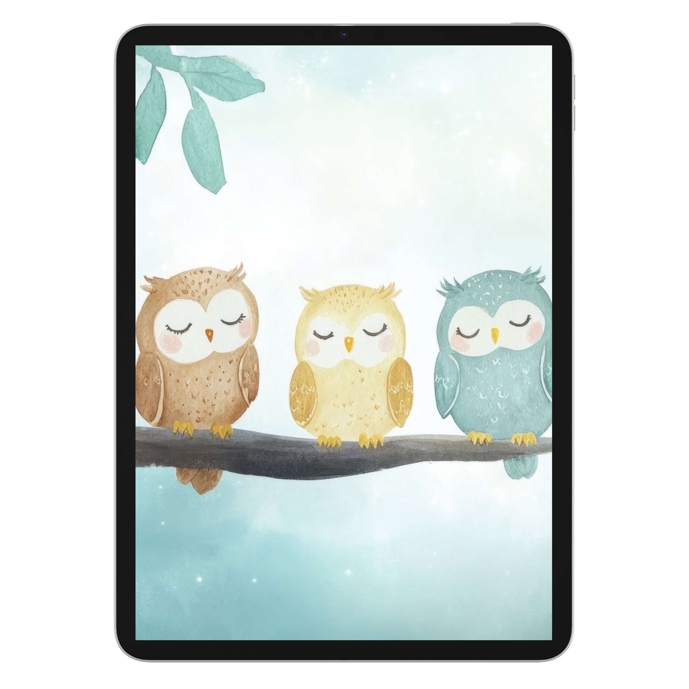 Tranquil nursery iPad wallpaper with whimsical owls, a dreamy watercolor style background for iPad, Samsung, and Android tablets digital download
