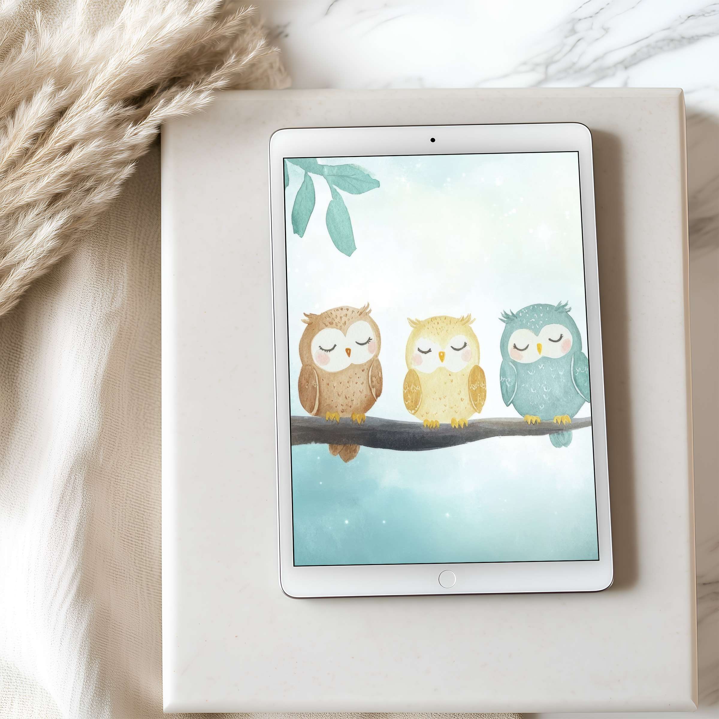 Gentle watercolor owls on a branch create a serene tablet wallpaper, perfect for iPad, offering a calming digital download experience