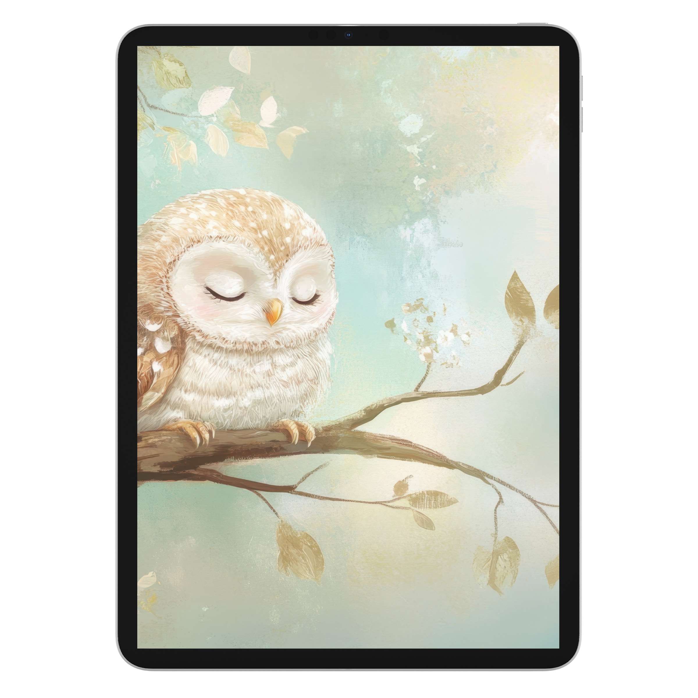 Calming nursery iPad wallpaper featuring a serene owl on a branch, perfect digital download for tablet backgrounds, soothing decor