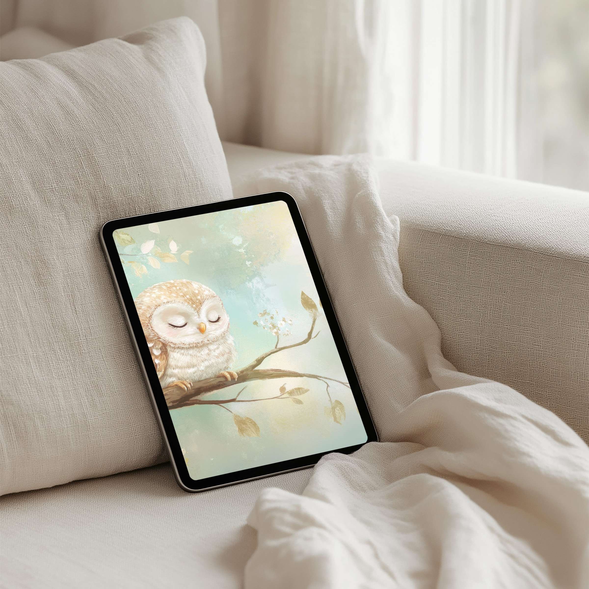 Elegant owl painting on iPad background inspiring calmness and mindfulness fits any tablet instant download for a serene space