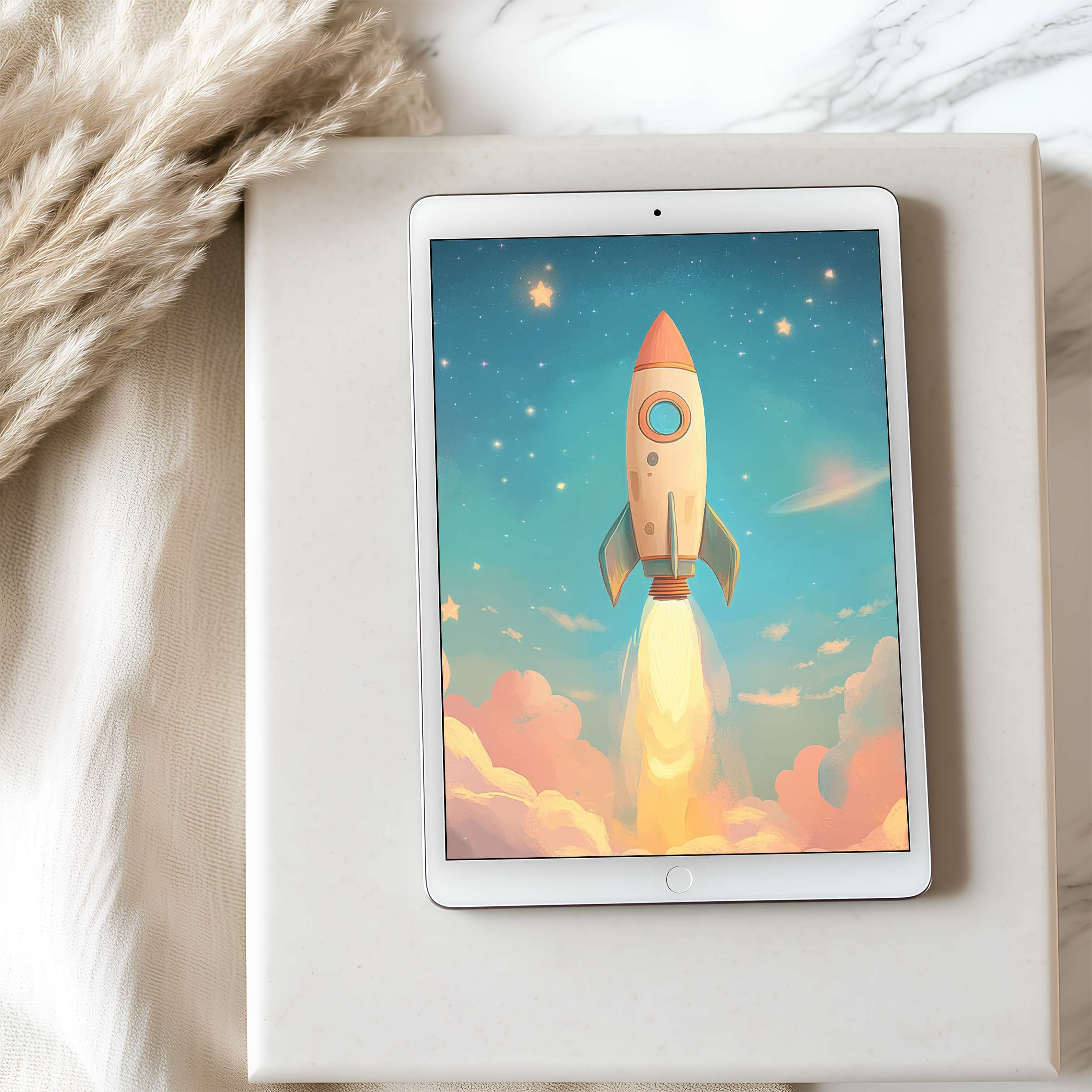 Tablet wallpaper featuring a dreamy rocket launching into a starry sky over fluffy clouds perfect for iPad and Android tablets