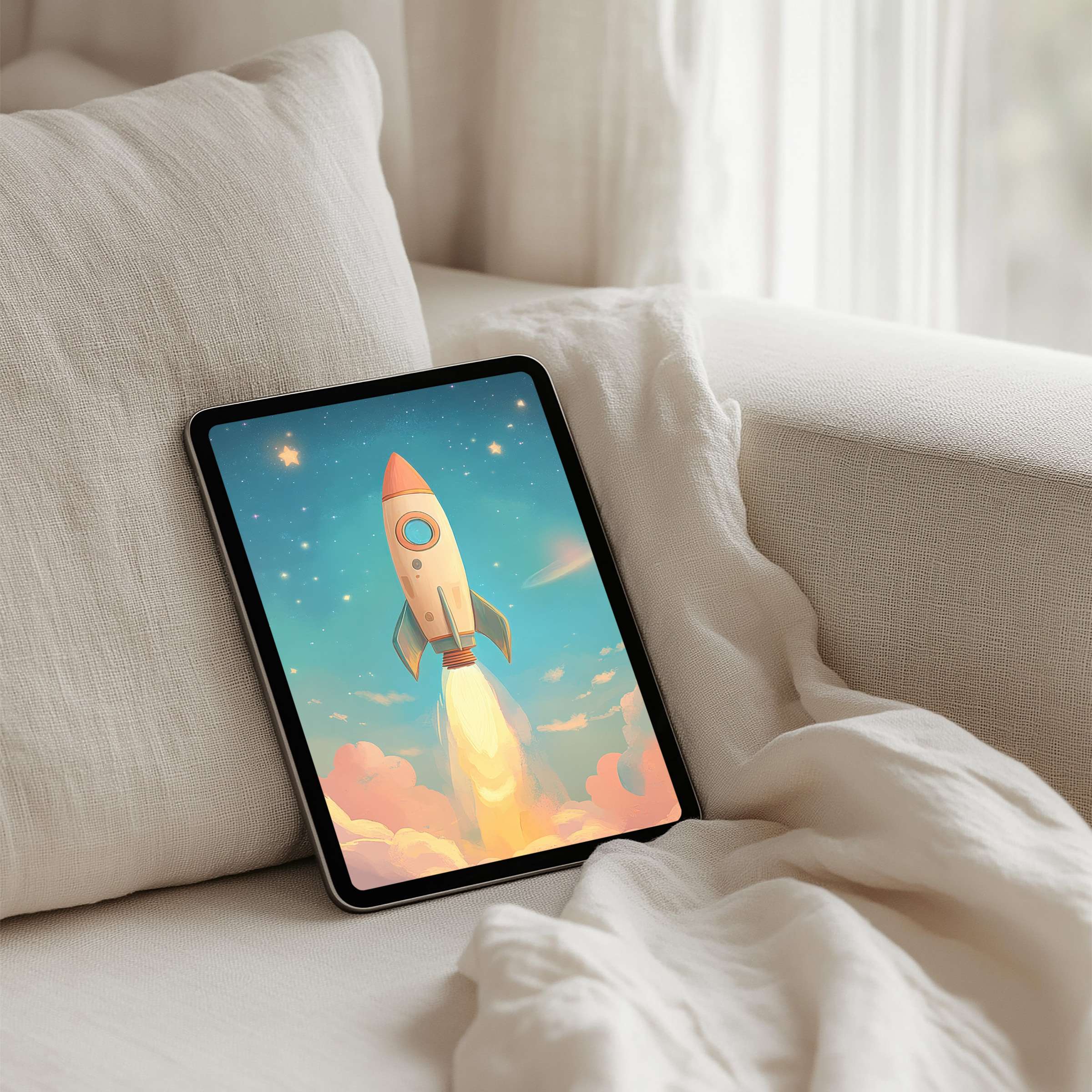 Elegant rocket art soaring in a serene sky, perfect iPad background for instant download, fits any tablet for mindful inspiration