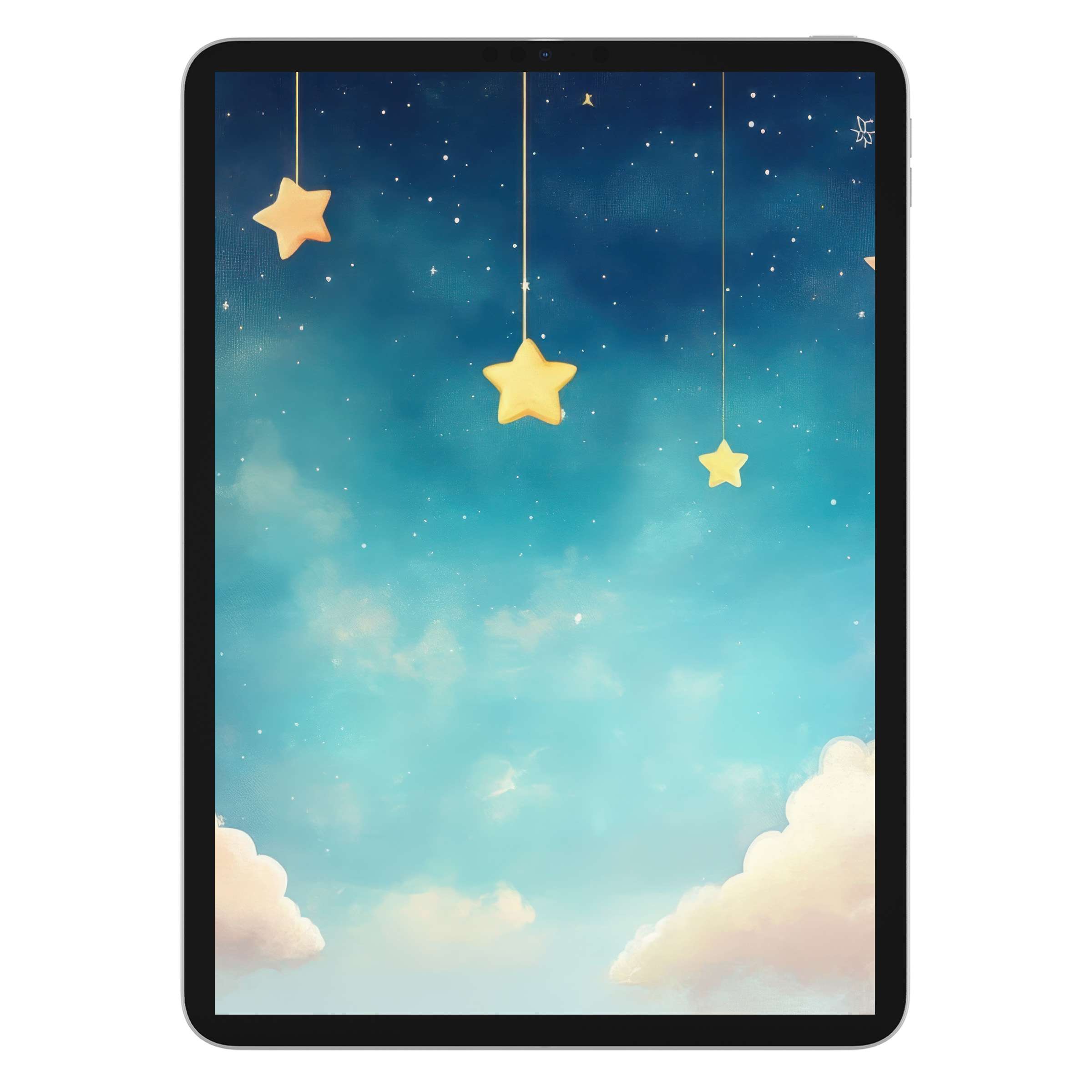 Dreamy night sky nursery iPad wallpaper with golden star motifs on a teal background digital download for tablets and more