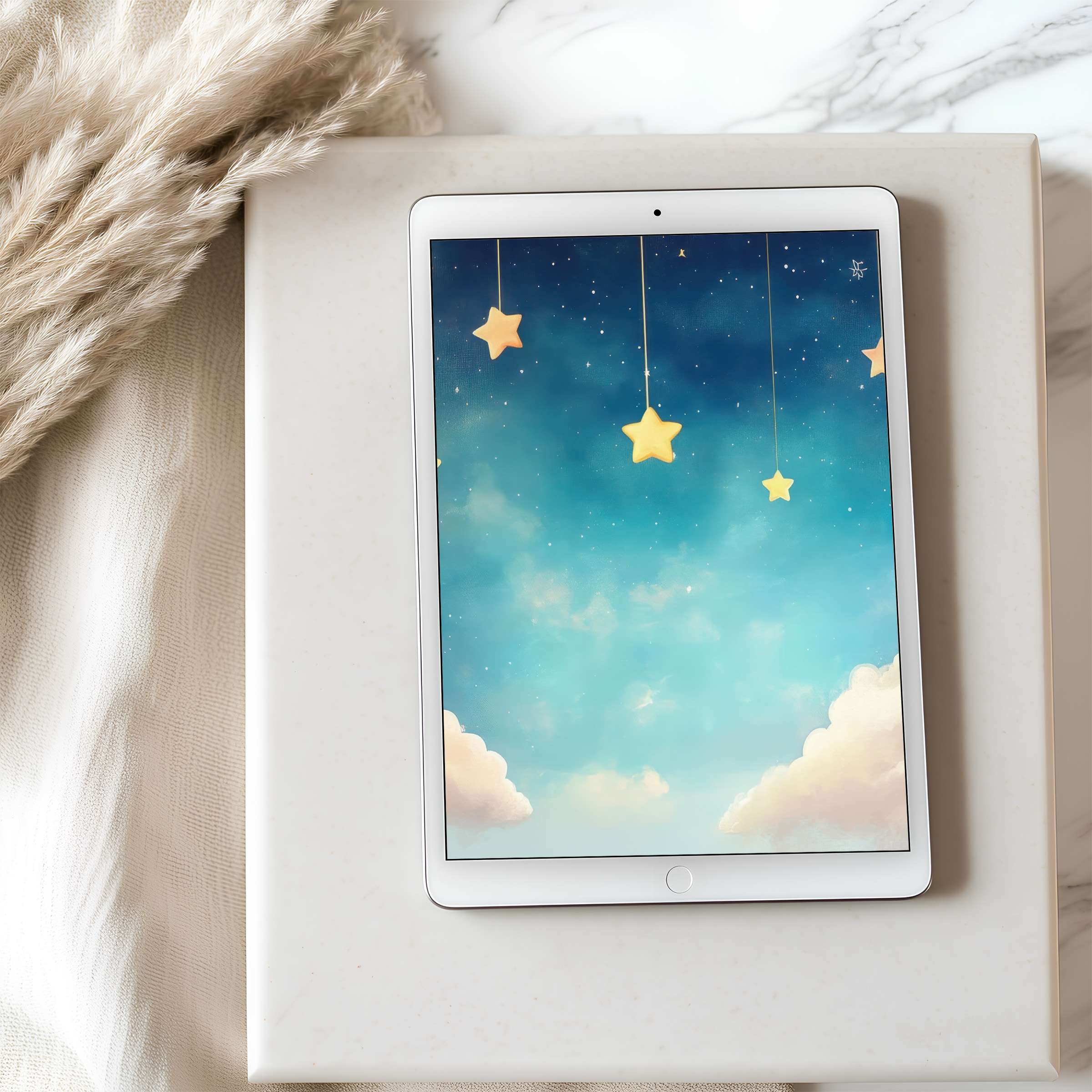 Dreamy starry sky tablet wallpaper with soft clouds in high resolution, perfect for iPad and Android, enhancing stylish interiors